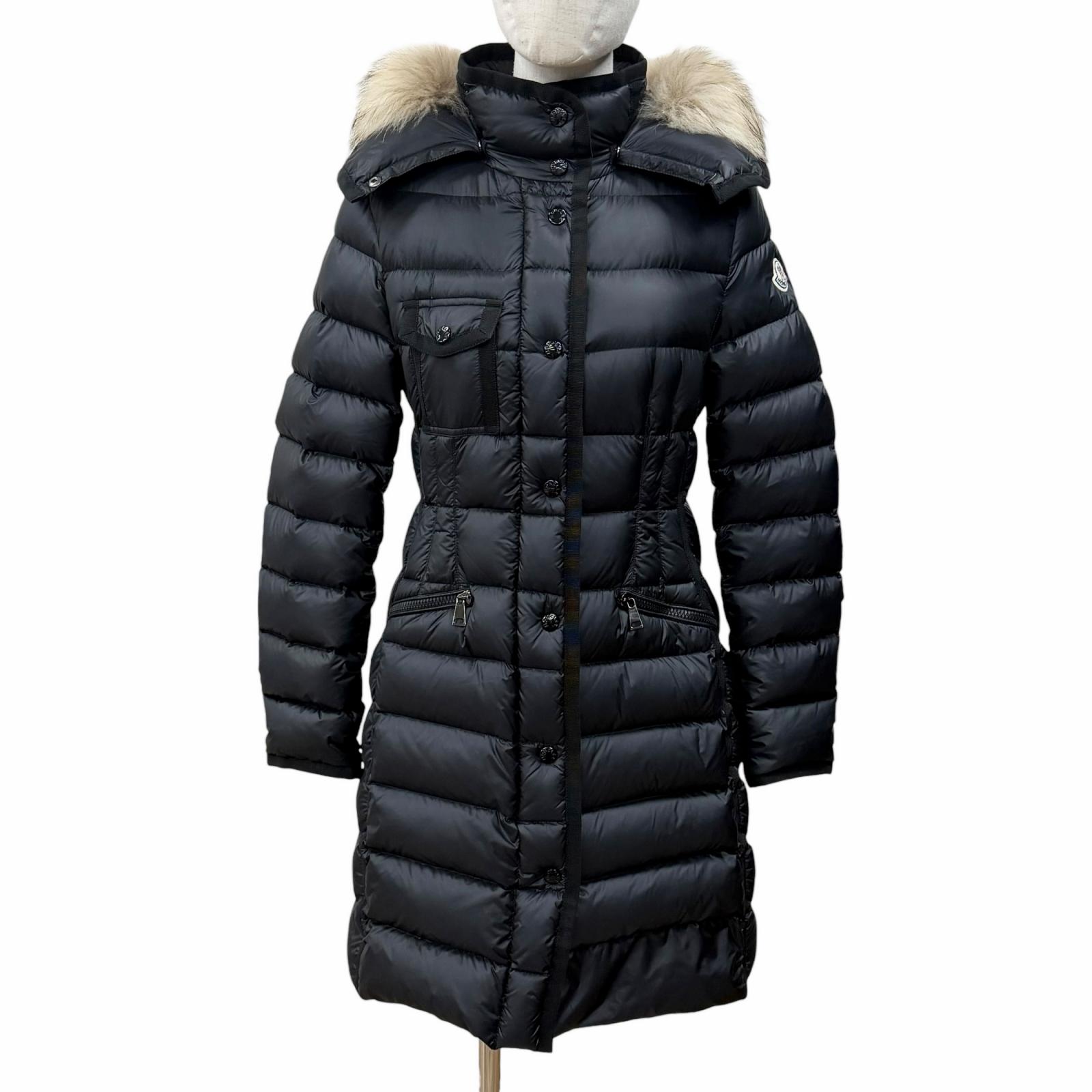 良品◇MONCLER モンクレール HERMIFUR ロゴワッペン フード ラクーンファー付き ダブルジップ ダウンコート ブラック 0 レディース【中古】