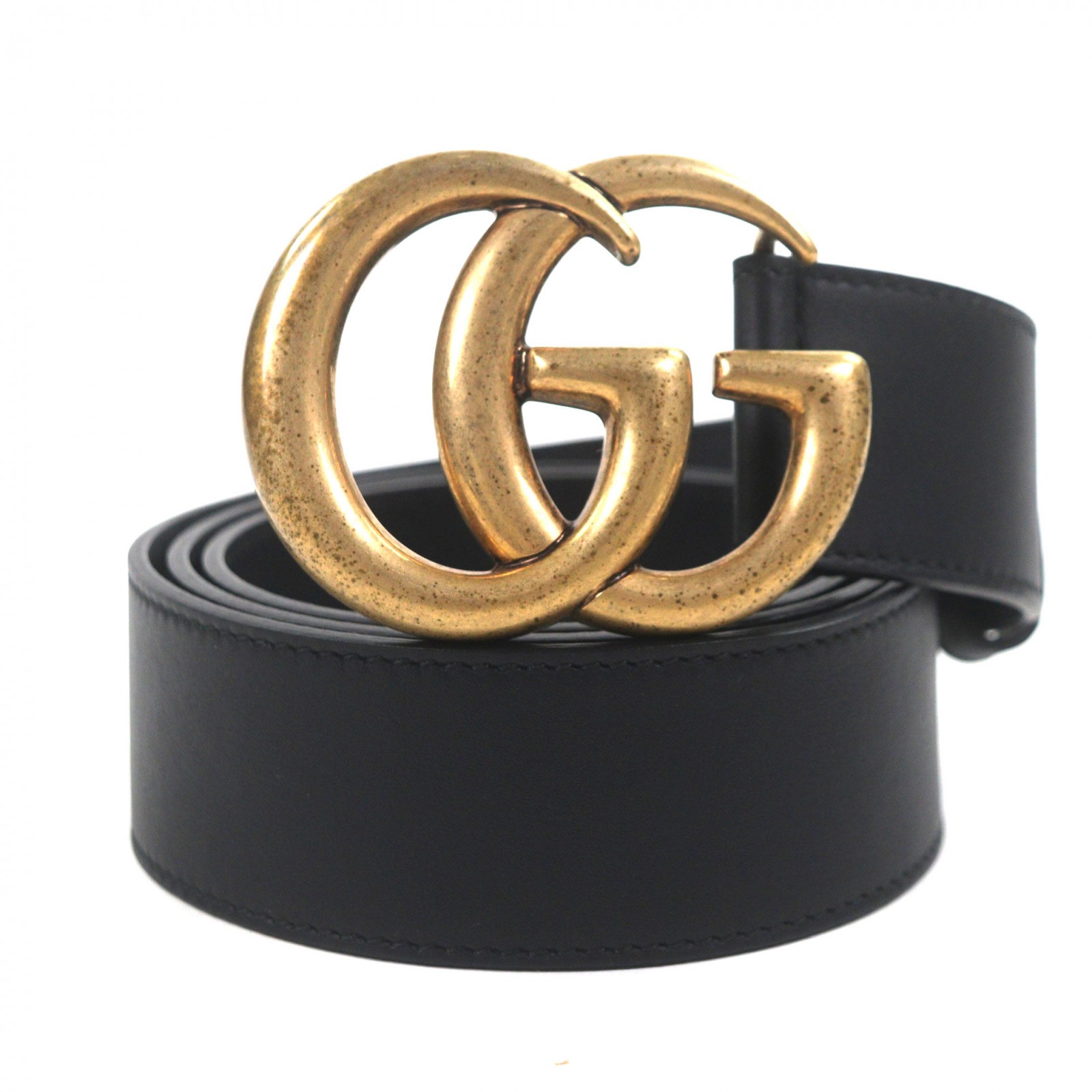 美品▼GUCCI グッチ 400593 ダブルG ワイドベルト レザー GGマーモントバックル ブラック ゴールド金具 90・36 保存袋付き イタリア製 メンズ【中古】