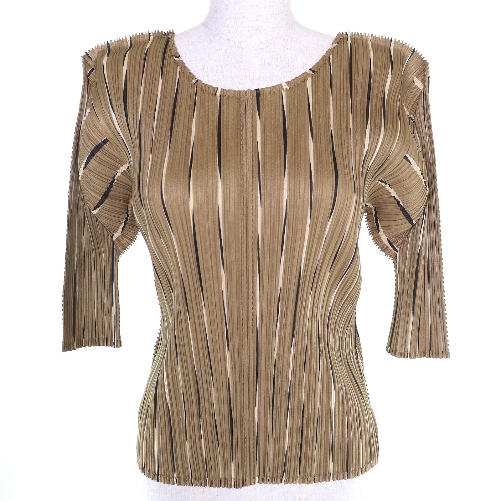 極美品△PLEATS PLEASE 筋目プリーズ イッセイミヤケ PP51-JK683 総柄 労働者の一団素っ首 半袖 カットソー トップス 赤銅色系 3 日本製 置き目品 レディース【中古】