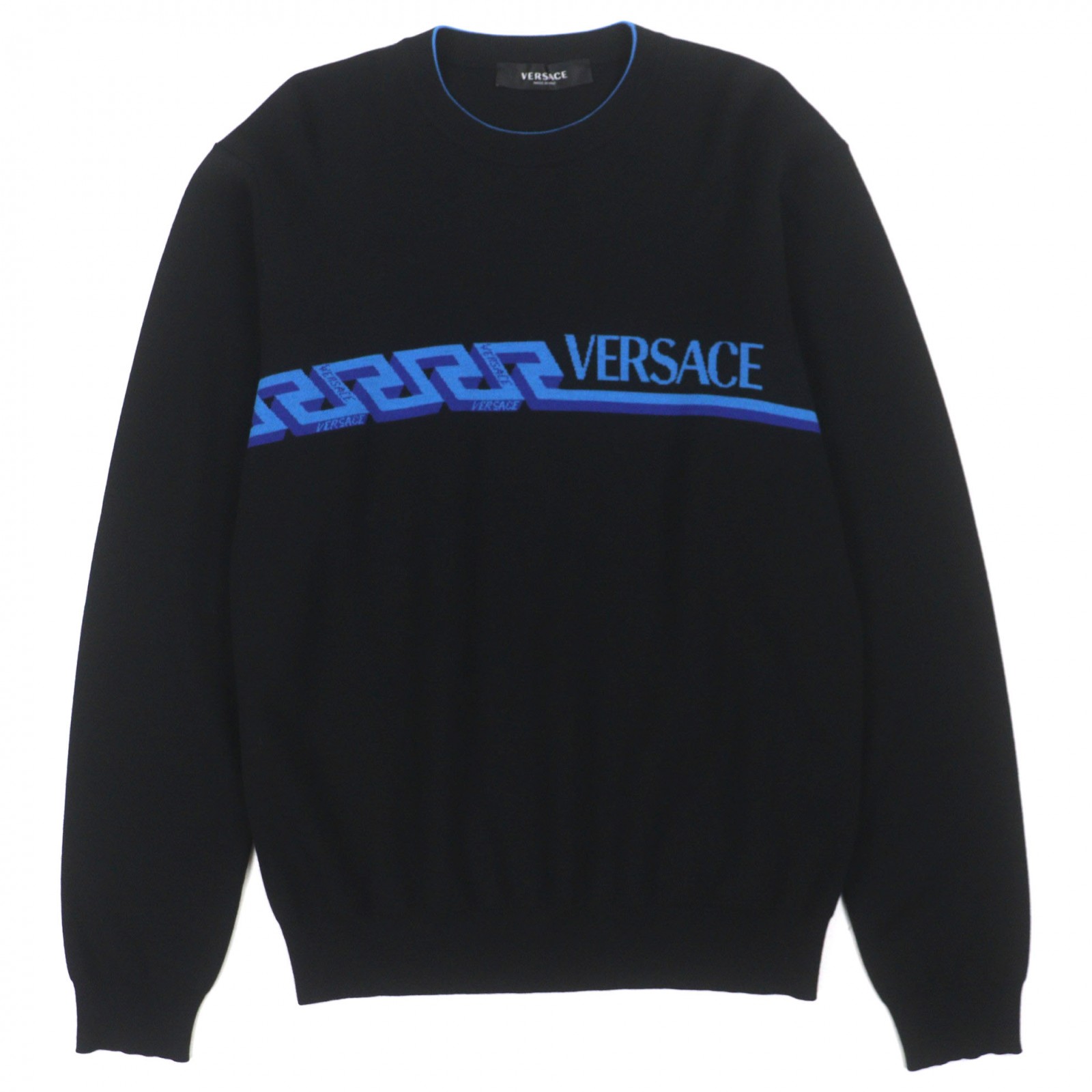 美品▼VERSACE ヴェルサーチ 2021年製 1003703 毛糸 ロゴタイプ ティーシャツ 編み物プルオーバー 黒いこと 48 イタリア製 定まり品 メンズ【中古】