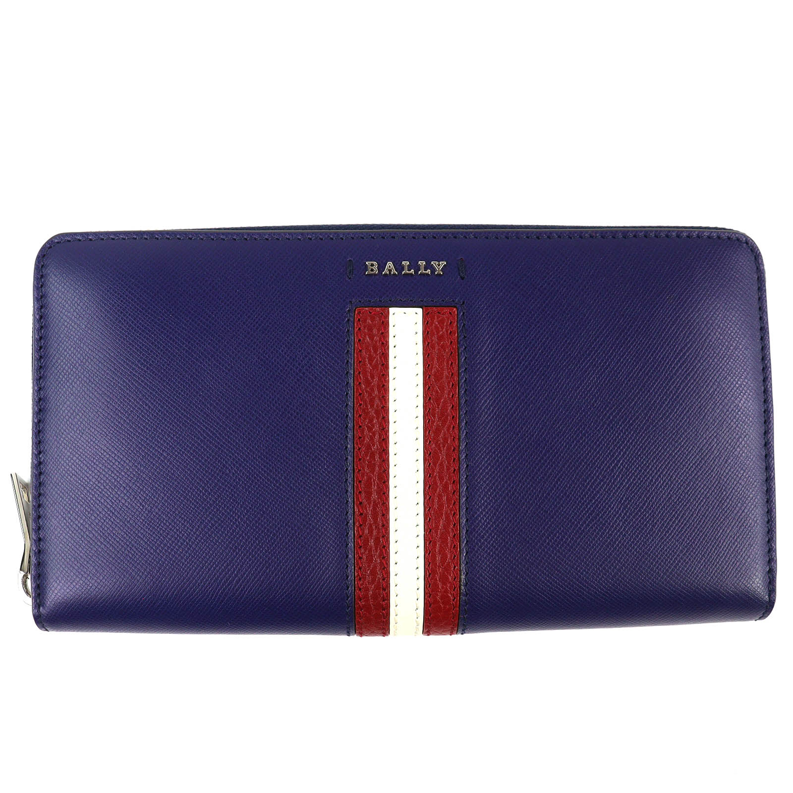 極美品△BALLY バリー SALEN.S 金属元素ロゴタイプ バリー縞模様 ラウンドジッパー なめし革 ロングウォレット 長紙入れ 米国海軍系 赤いこと 象牙色 しろがね色金具 メンズ【中古】