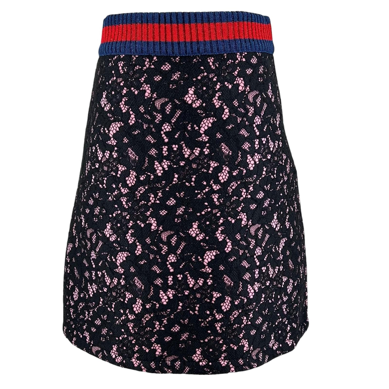 極美品▲GUCCI グッチ 457919 総レース シェリーライン 台形 膝丈 スカート ブラック ピンク S イタリア製 正規品 レディース【中古】