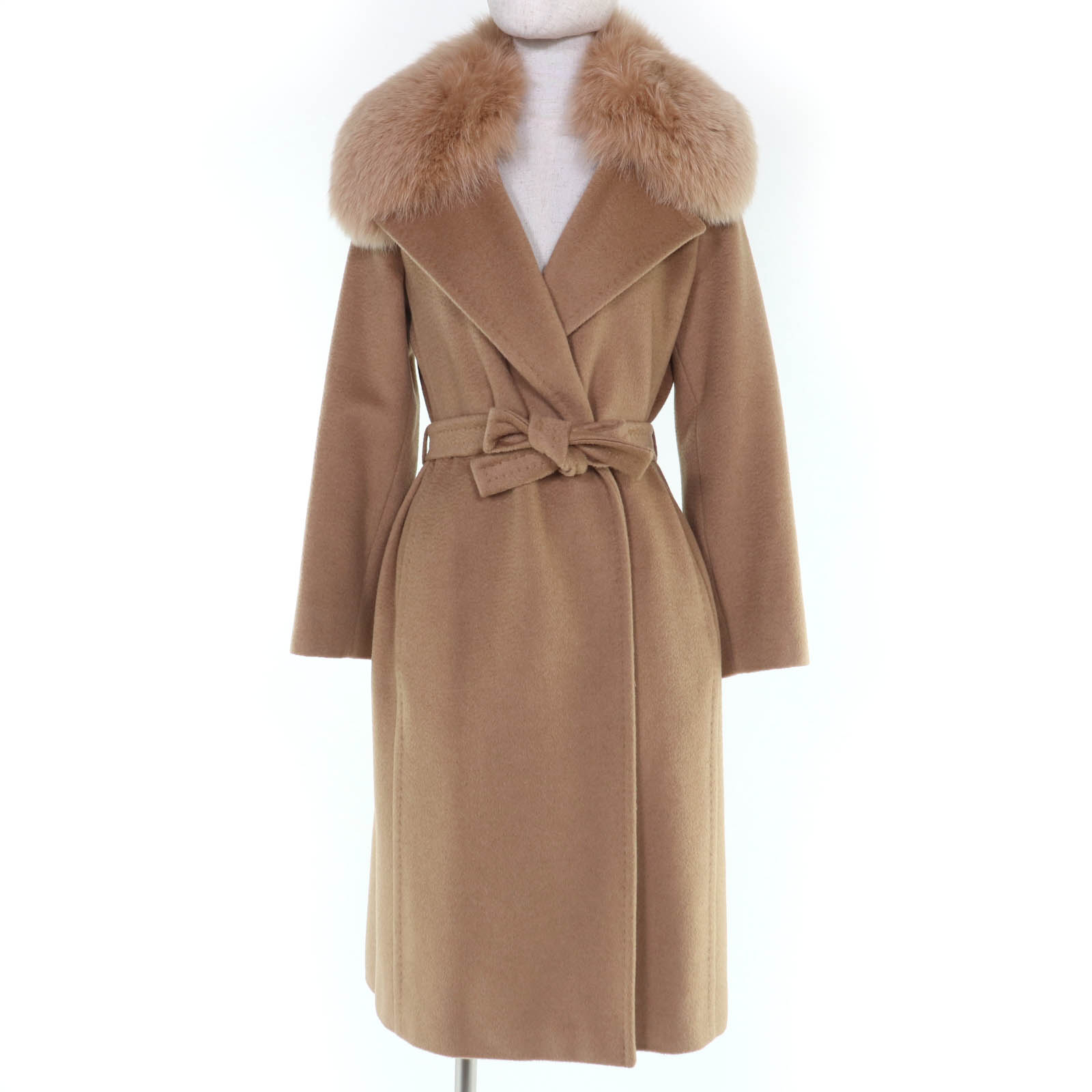 美品☆Max Mara マックスマーラ キャメル100％ 襟フォックスファー付 ベルトラップコート キャメル 36 イタリア製 正規品 レディース【中古】