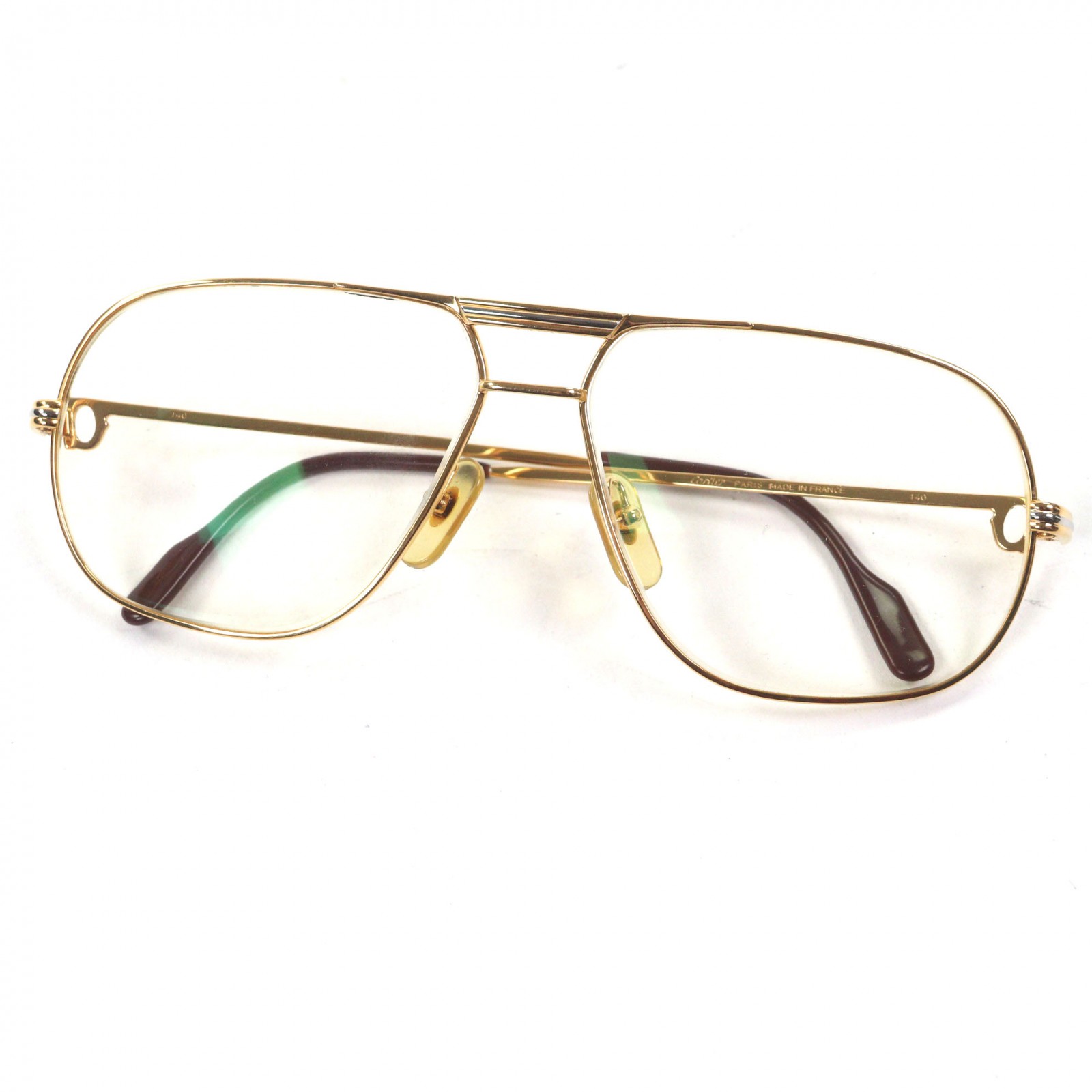 美品▼Cartier カルティエ ヴィンテージ トリニティ ツーブリッジ ロゴ金具 メガネ 眼鏡 アイウェア ゴールド ボルドー 62□14 140 度入り フランス製 メンズ【中古】