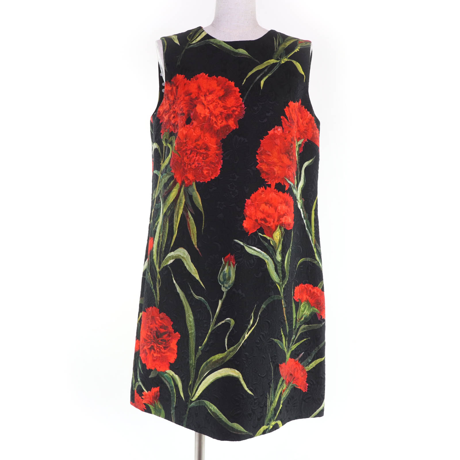 美品☆DOLCE&GABBANA ドルチェ＆ガッバーナ コットン シルク混 花柄デザイン ノースリーブ ワンピース ブラック 44 イタリア製 正規品 レディース【中古】
