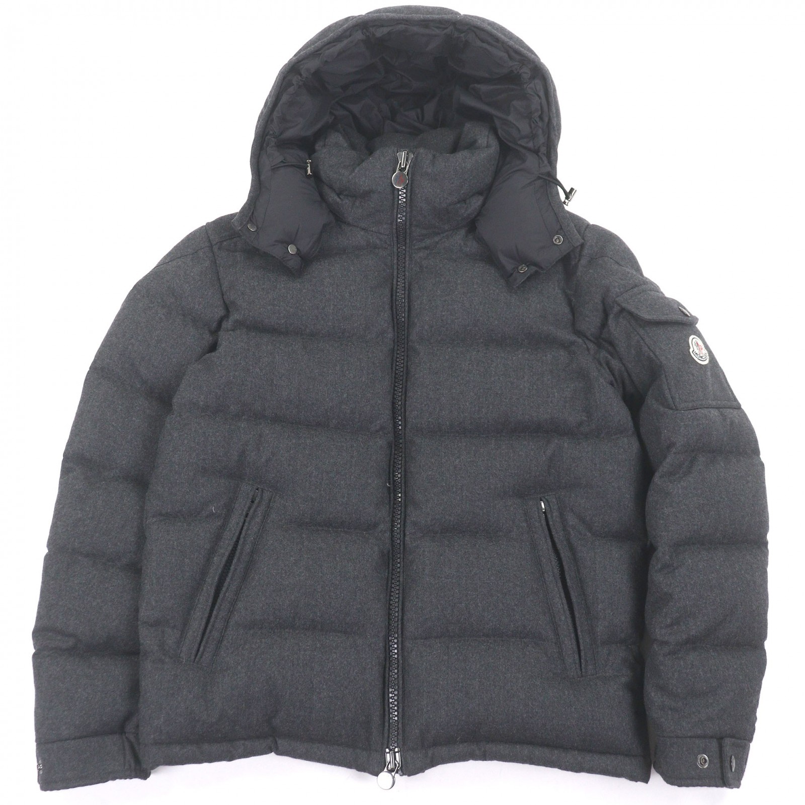 美品□MONCLER モンクレール MONTGENEVRE GIUBBOTTO ウール100％ ロゴワッペン付き フーデッド ダウンジャケット グレー 1 正規品 メンズ【中古】
