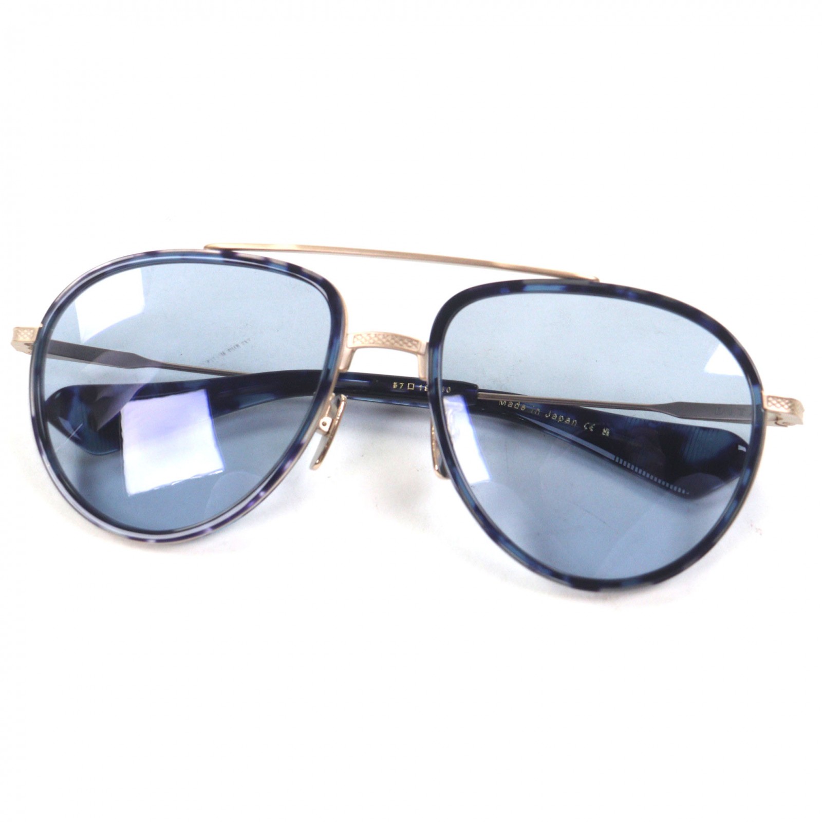 極美品▼DITA ディータ DTS456 AVIATIA-ONE ツーブリッジ ティアドロップ ビー玉 アイウェア 黒眼鏡 読みやすい青色 ゴールド 57□19-140 示威運動水晶体 日本製 メンズ【中古】