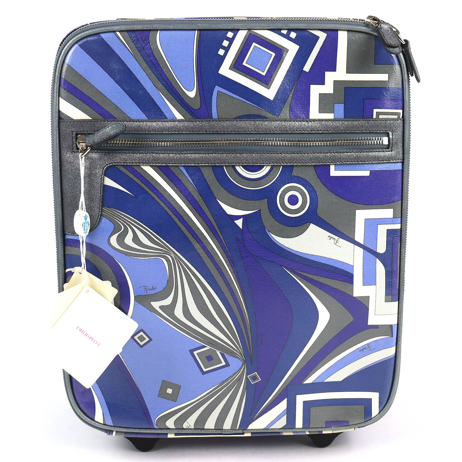 美品△Emilio Pucci エミリオ・プッチ 旅行御徒面子続きもの 総柄 路面電車御徒面子 旅行バッグ 持ちはこび入れもの キャリーバッグ 青み系 イタリア製 レディース【中古】