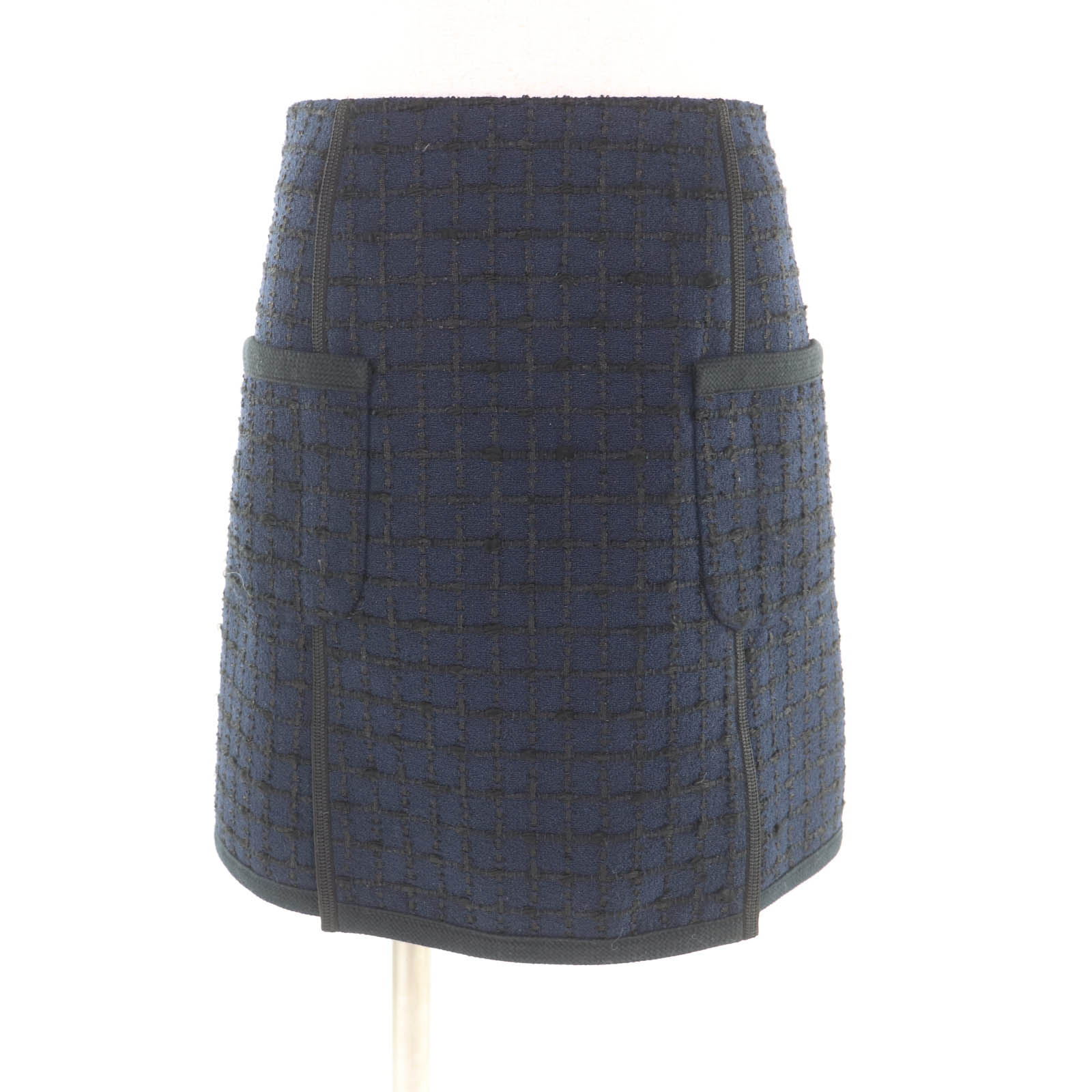 極美品★LOUIS VUITTON ルイヴィトン シルク混 101 champs elysees ツイード 格子柄 台形 スカート ネイビー ブラック 36 フランス製 正規品 レディース【中古】