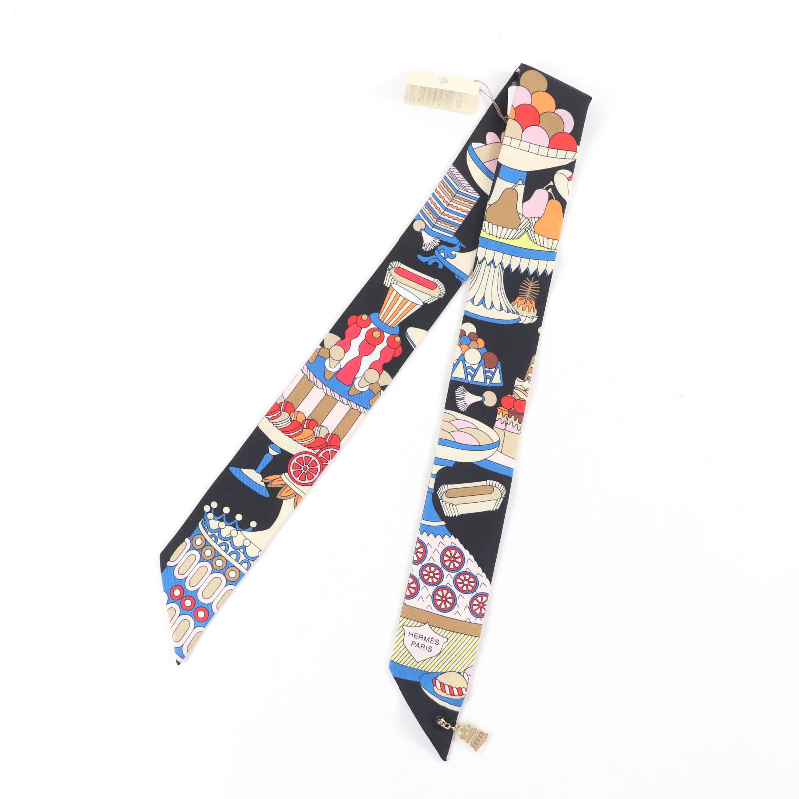 未使用品★HERMES エルメス La Patisserie Francaise パティスリーフランセーズ シルク100% NOIR/BLANC/BLEU ツイリー チャームズ スカーフ 箱付き フランス製 レディース【中古】