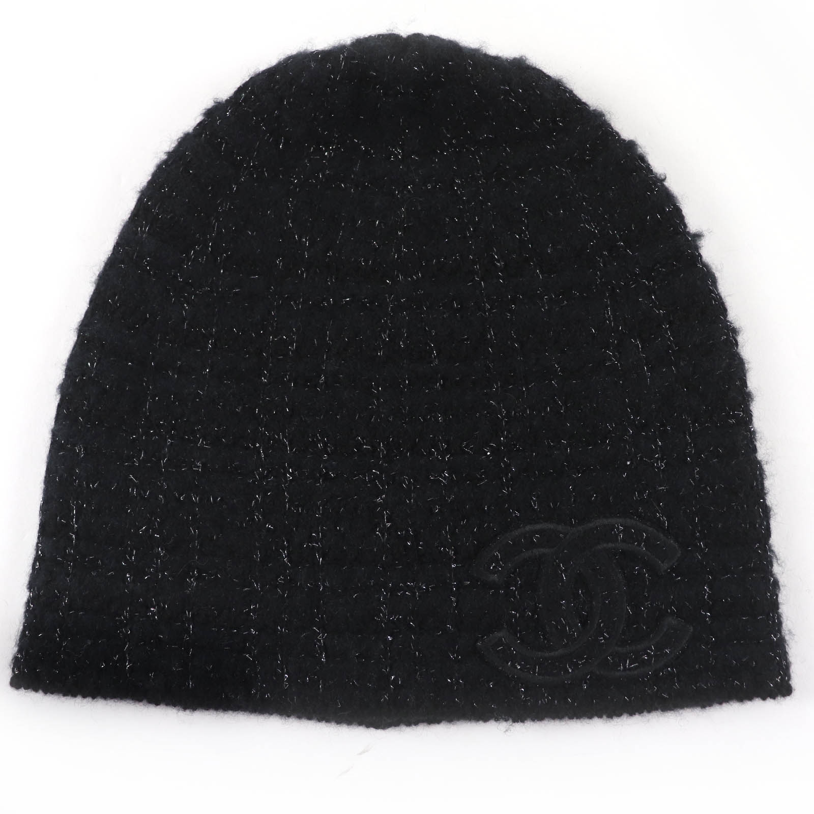 美品☆CHANEL シャネル カシミール 地絹 ココマーク ツィード 編み物旗がしら ビーニー かぶり笠 編み物帽 黒いこと ラメ 定め事品 連合王国製 レディース【中古】