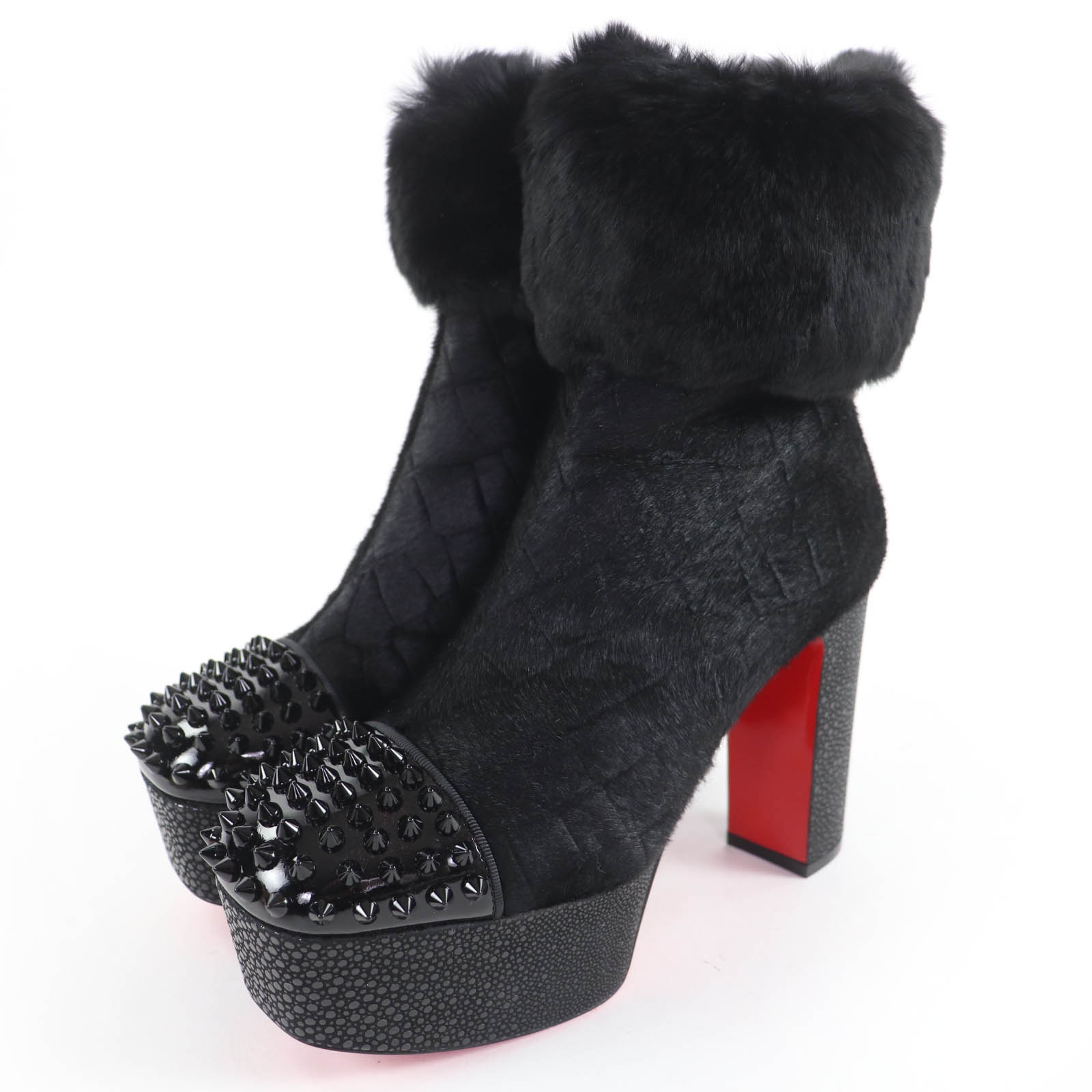 未当て嵌める品☆Christian Louboutin クリスチャンルブタン 3170961 BENICHOCHOTTE 110 専売特許なめし革 ファー・スタッズ付 遊撃手ブーツ 黒いこと 36.5 箱・保護すること袋付き添い人 イタリア製 レディース【中古】