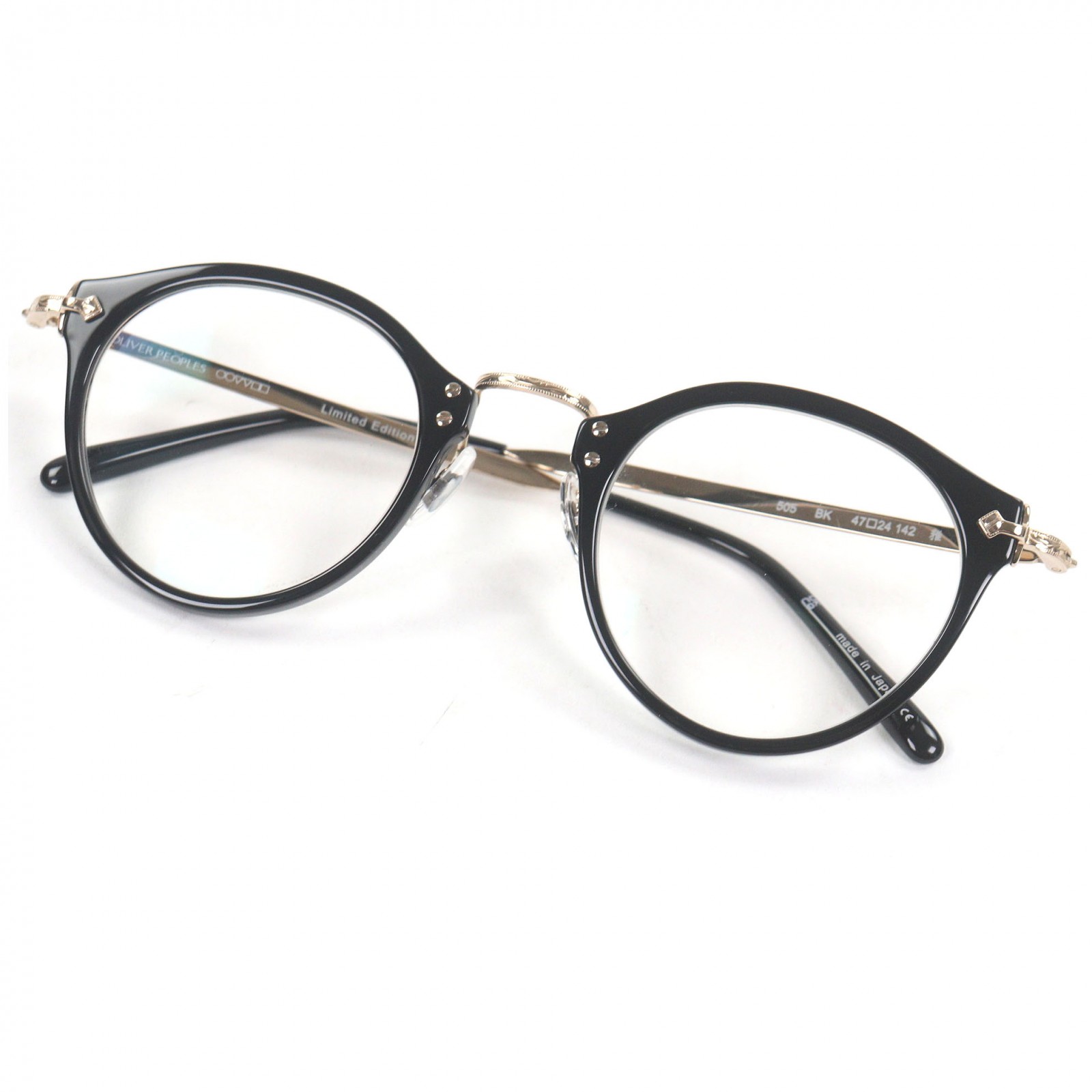 未使用品□OLIVER PEOPLES オリバーピープルズ 505 Limited Edition ボストンフレーム メガネ 眼鏡 アイウェア ブラック ゴールド 47□24-142 度入り 保存袋・ケース付き 日本製 メンズ【中古】