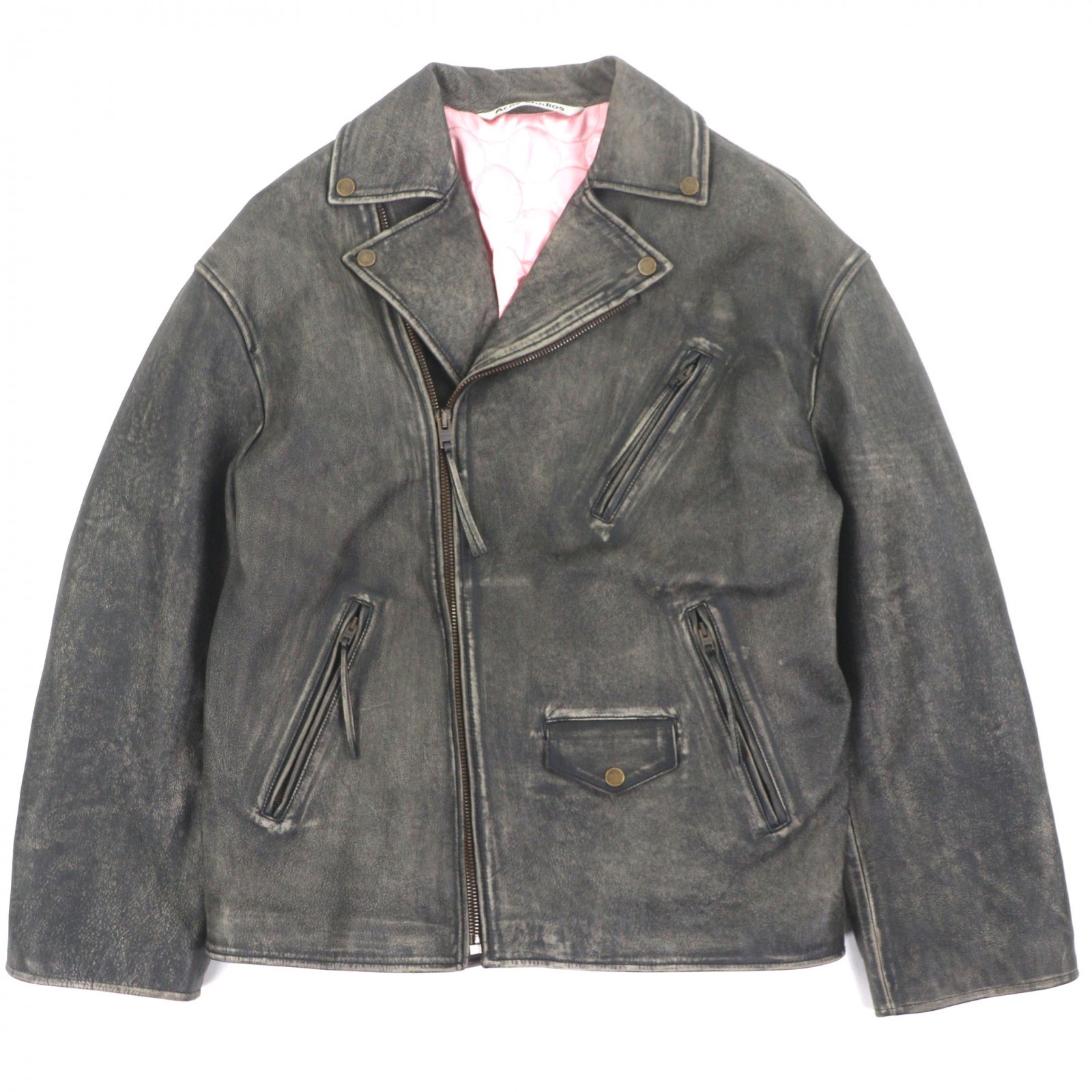 美品▼ACNE STUDIOS アクネストゥディオズ FN-MN-LEAT000255 DISTRESSED LEATHER JACKET 牛革 ヴィンテージ加工 エンボスロゴ オーバーサイズ ジップアップ ダブル ライダースジャケット ブラック系 44 正規品 メンズ【中古】