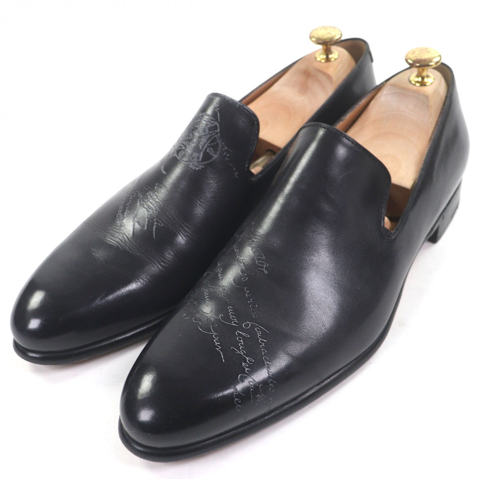 美品▼BERLUTI ベルルッティ ガレ カーシブ 家庭用スリッパ ヴェネチアカーフレザー カリグラフィ なめし革シューズ 置き目毛革 黒いこと 9.5 イタリア製 メンズ【中古】