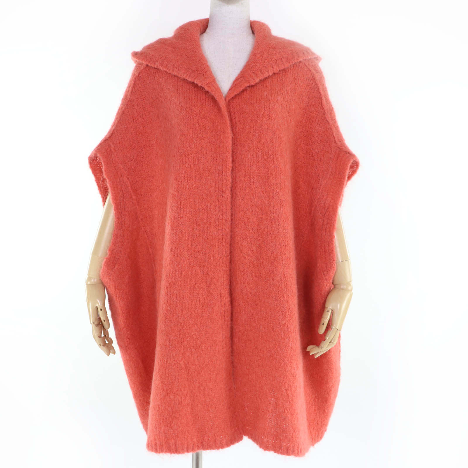 極美品☆Rick Owens リックオウエンス RO02B6687 モヘヤ アルパカ 厚地の外套影ぼうし ボンネット付 編み物 ジレー オレンジ色 XS イタリア製 置き目品 レディース【中古】