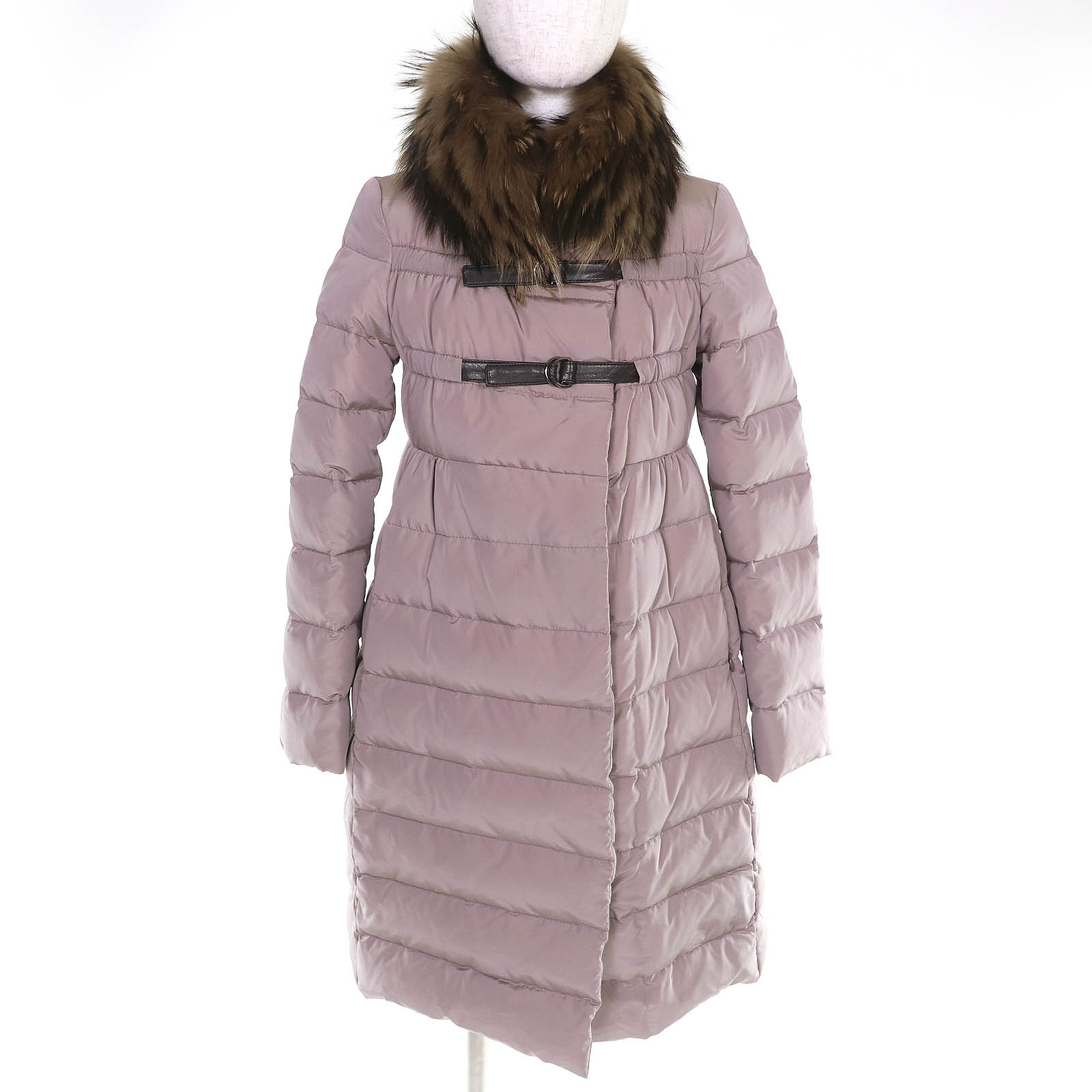 極美品△MONCLER モンク軌跡 LEMMING レミン ラクーンファー レザーベルトデザイン ロング 打ち倒す厚地の外套 サクラ色系 00 置き目品 レディース【中古】 コート・ジャケット-レディースファッション
