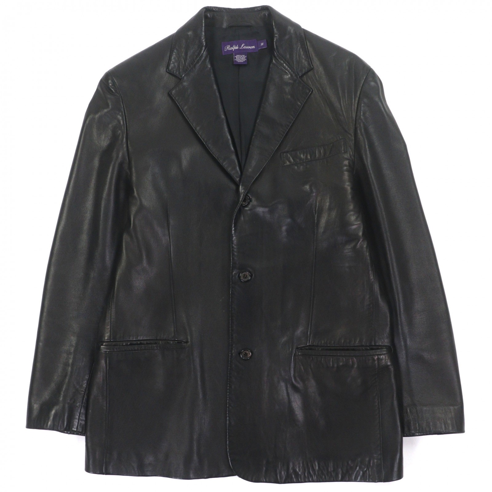 極美品▼RALPH LAURENPURPLE LABEL ラルフローレンパープルレーベル カーフスキン シングルジャケット テーラードジャケット ブラック 38 イタリア製 正規品 メンズ【中古】