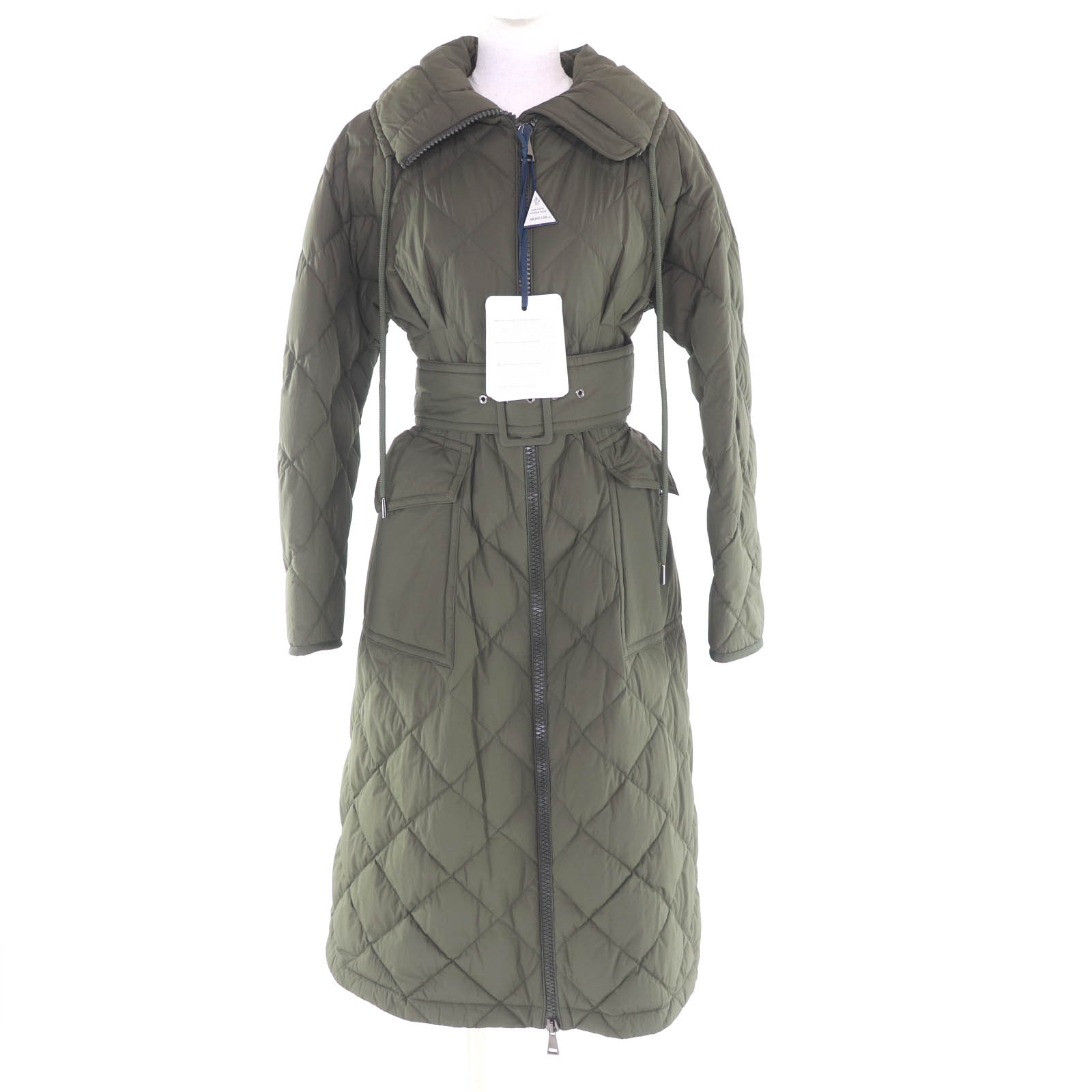 未当て嵌める品★MONCLER モンク線路 CAPRIER 胴締め・ロゴタイプ一皿付 ロング丈 落ちこむ厚地の外套 落ちこむ上衣 カーキ 0 置き目品 レディース【中古】