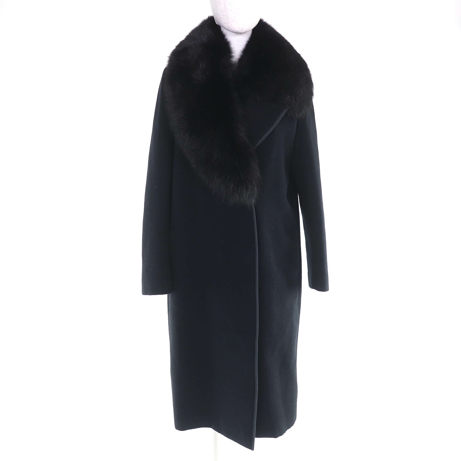 極美品△FENDI フェンディ FF8677 ウール100％ FOX フォックスファー ロング チェスターコート 裏地シルク100％ ブラック 40 ハンガー・ガーメント付き 正規品 レディース【中古】