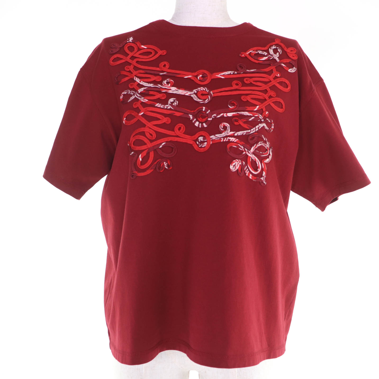極美品☆HERMES エルメス コットン100％ フロントシルク使い クルーネック 半袖Ｔシャツ レッド 40 フランス製 レディース【中古】