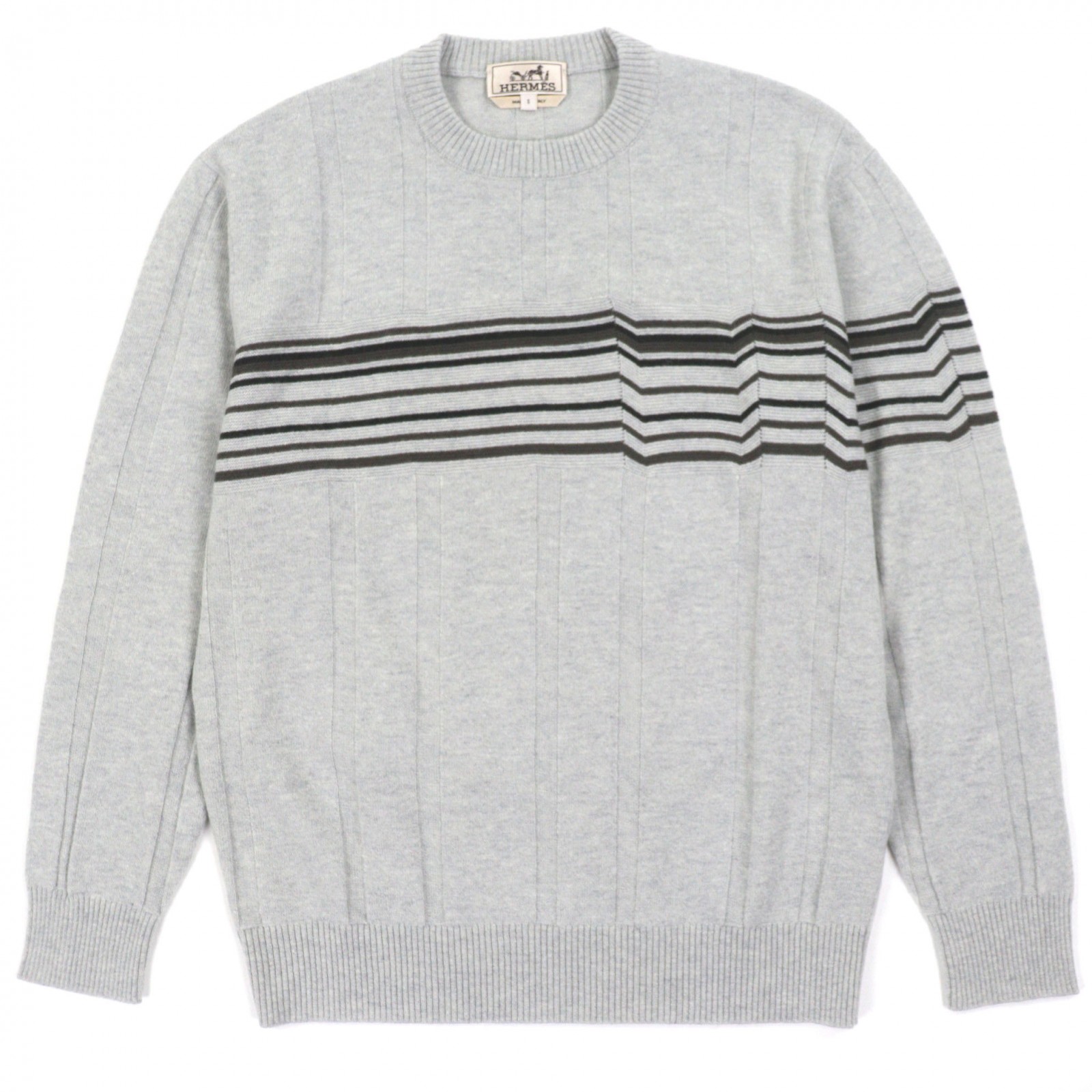 極美品▼HERMES エルメス 24AW 467210HA ウール カシミヤ クルーネック プルオーバー ニットセーター グレー S イタリア製 正規品 メンズ【中古】