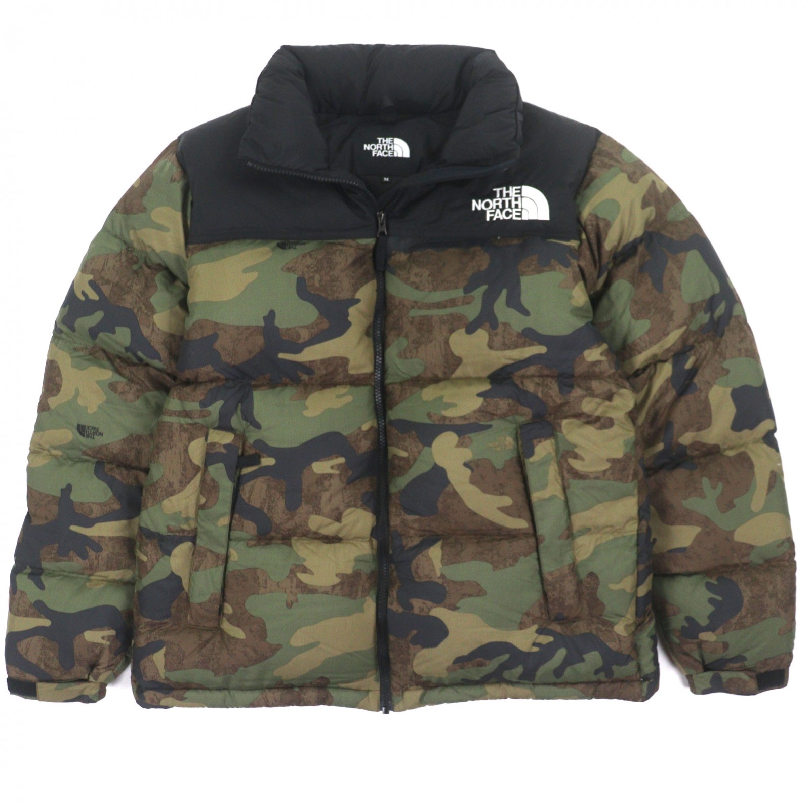 極美品▼THE NORTH FACE ザ・ノースフェイス ND92336 Novelty Nuptse Jacket カモフラ柄 フード入り ロゴ刺繍 ポケッタブル仕様 ジップアップ ダウンジャケット カーキ ブラック M 正規品 メンズ【中古】