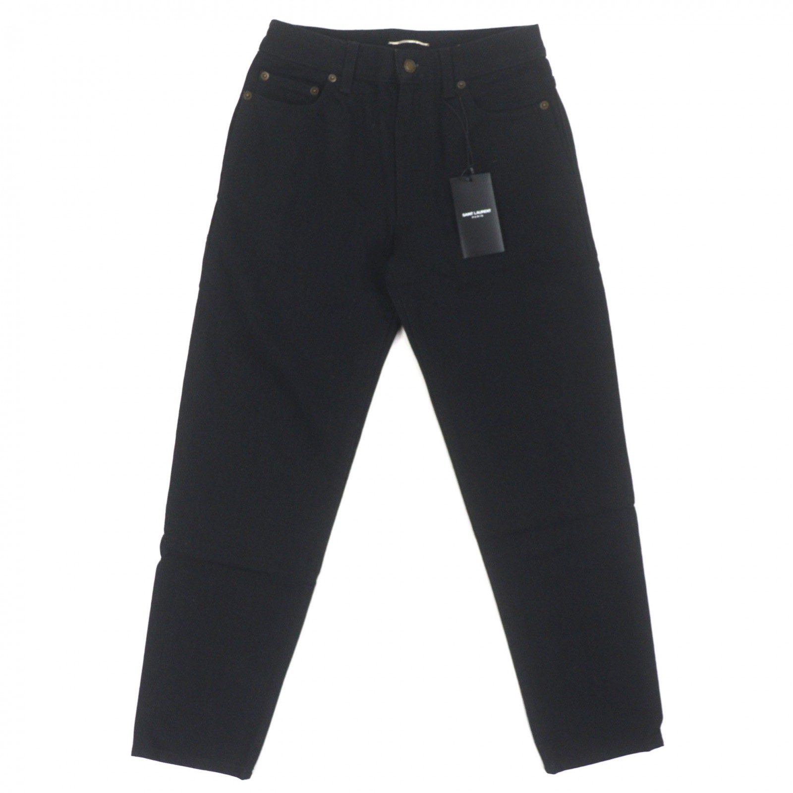 未使用品▼SAINT LAURENT PARIS サンローランパリ 21SS 644678 コットン100% 牛革 レザーパッチ付き キャロットフィットウォッシュド デニムパンツ ブラック 27 イタリア製 正規品 メンズ【中古】