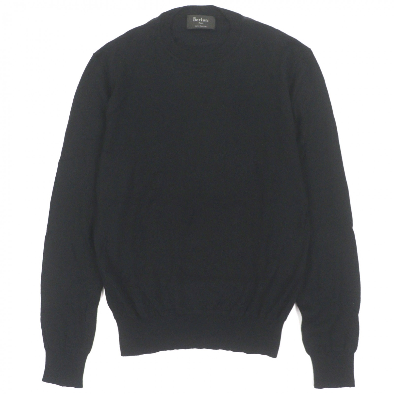 美品▼Berluti ベルルッティ カシミヤ シルク レザーパイピング クルーネック ロングスリーブ 薄手 ハイゲージニット セーター ブラック A46 イタリア製 正規品 メンズ【中古】