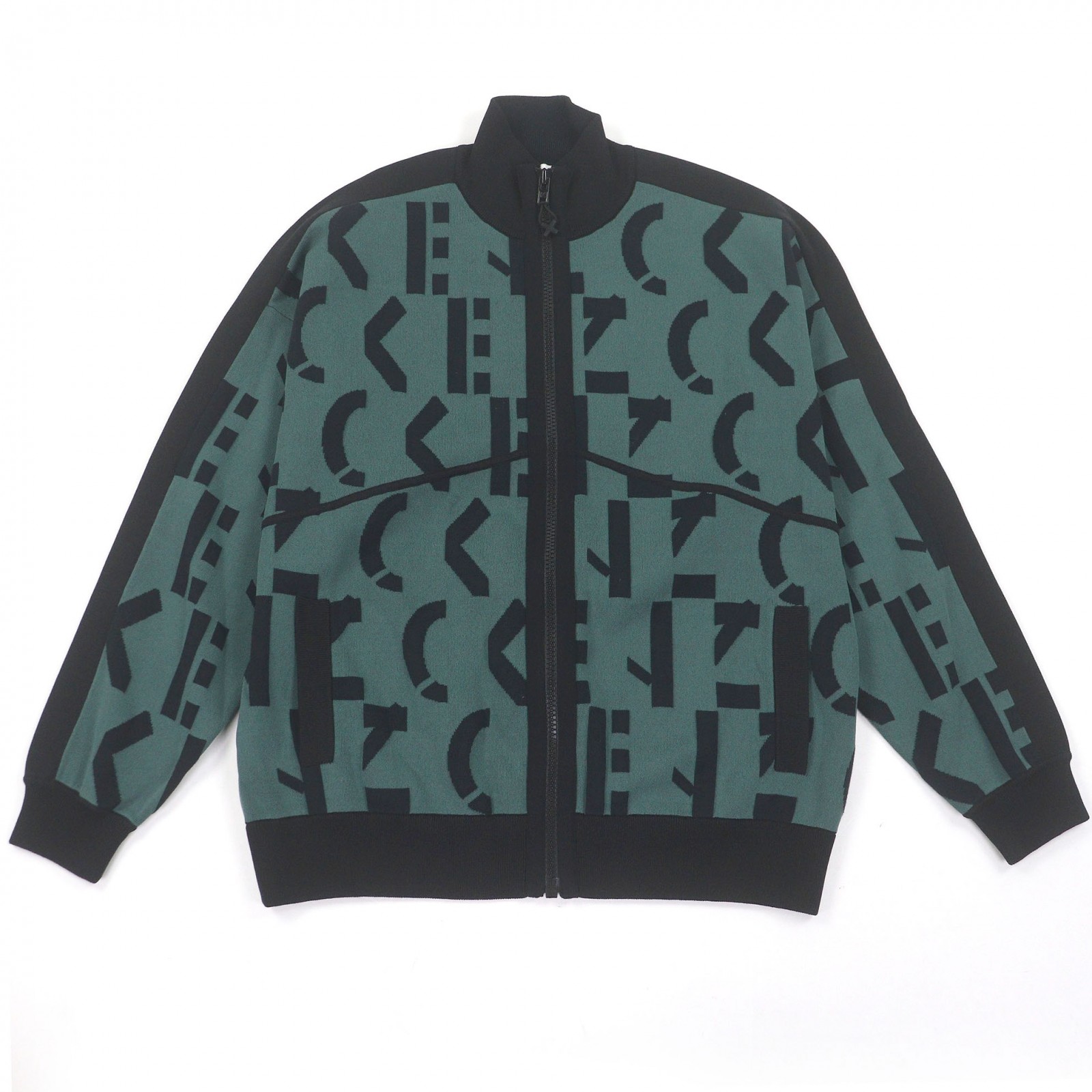 極美品□KENZO ケンゾー ロゴ総柄 ドライバーズニット ブルゾンジャケット トラックジャケット グリーン ブラック L 正規品 メンズ【中古】