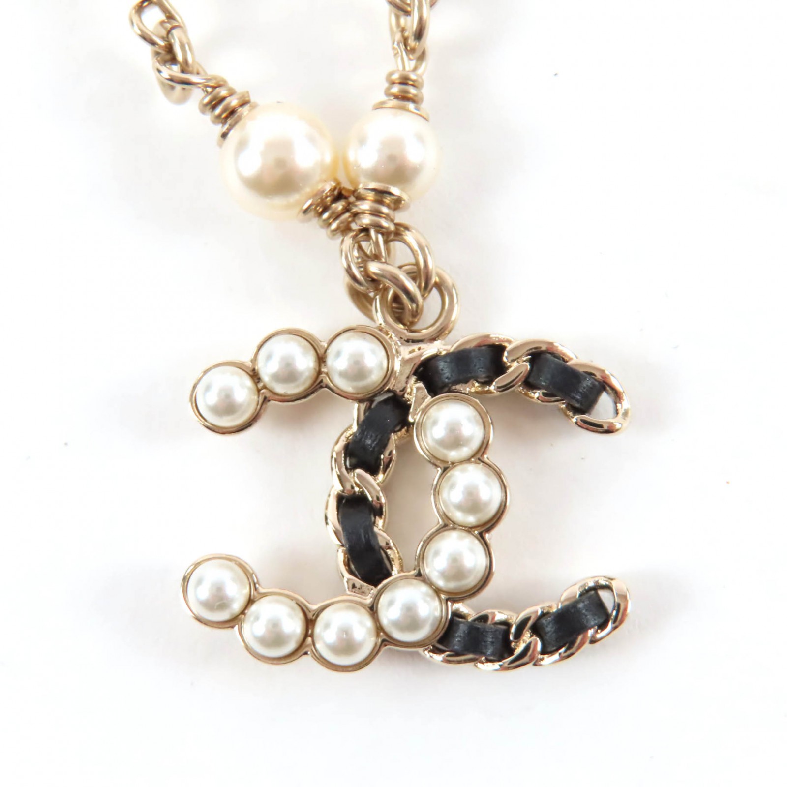 極美品★CHANEL シャネル B25K ココマーク フェイクパール レザー使い ネックレス ゴールド ホワイト 箱・保存袋付き イタリア製 レディース【中古】