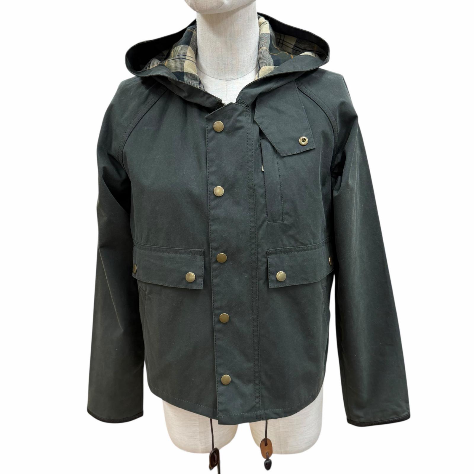 美品◇Barbour バブアー LWX0730SG51 SPEY WAX JACKET コットン100% レザー使い ロゴボタン付 オイルドジャケット ダークグリーン UK8 正規品 レディース【中古】