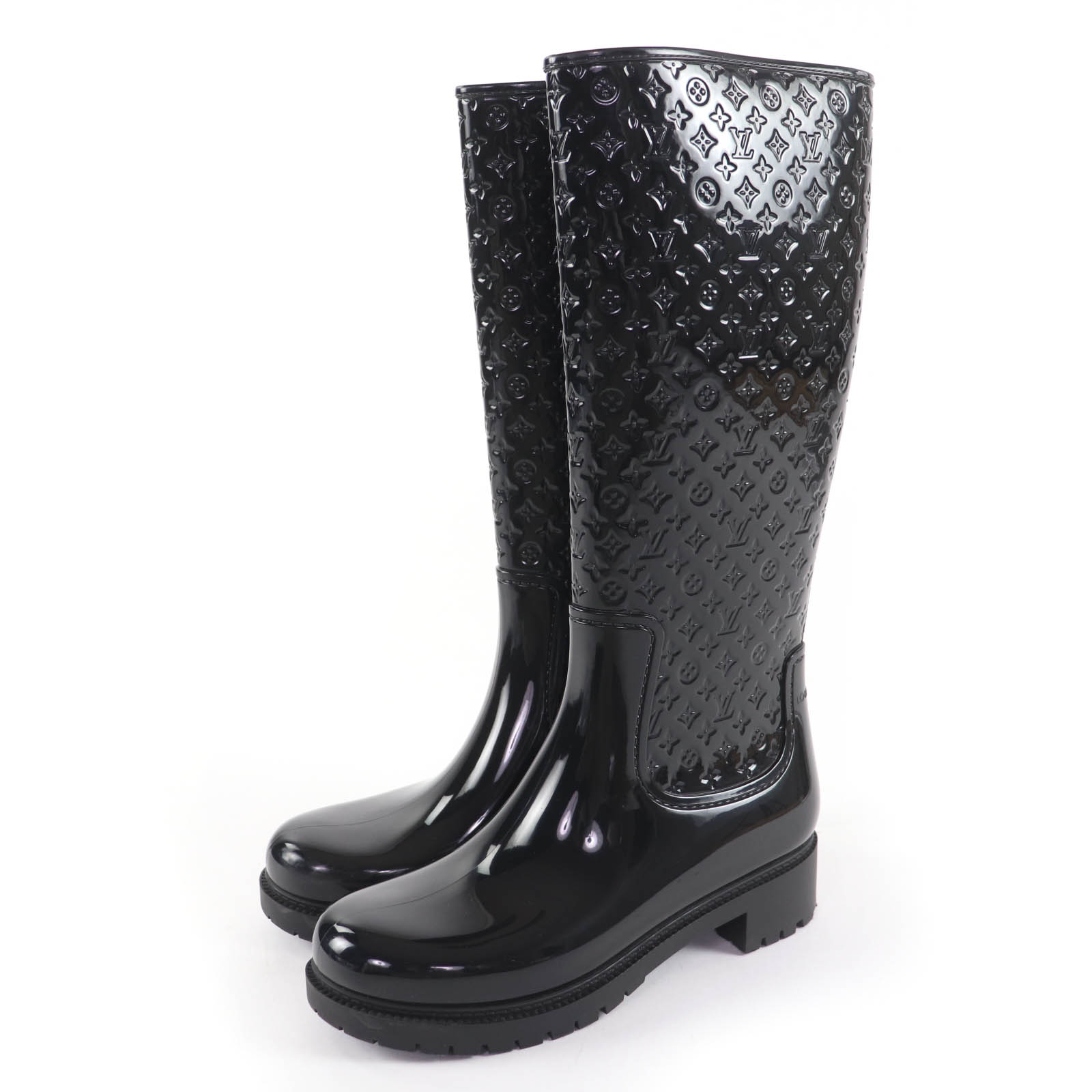 美品☆LOUIS VUITTON ルイヴィトン スプラッシュ・ライン ラバー モノグラム レインブーツ ロングブーツ ブラック 38 イタリア製 レディース【中古】
