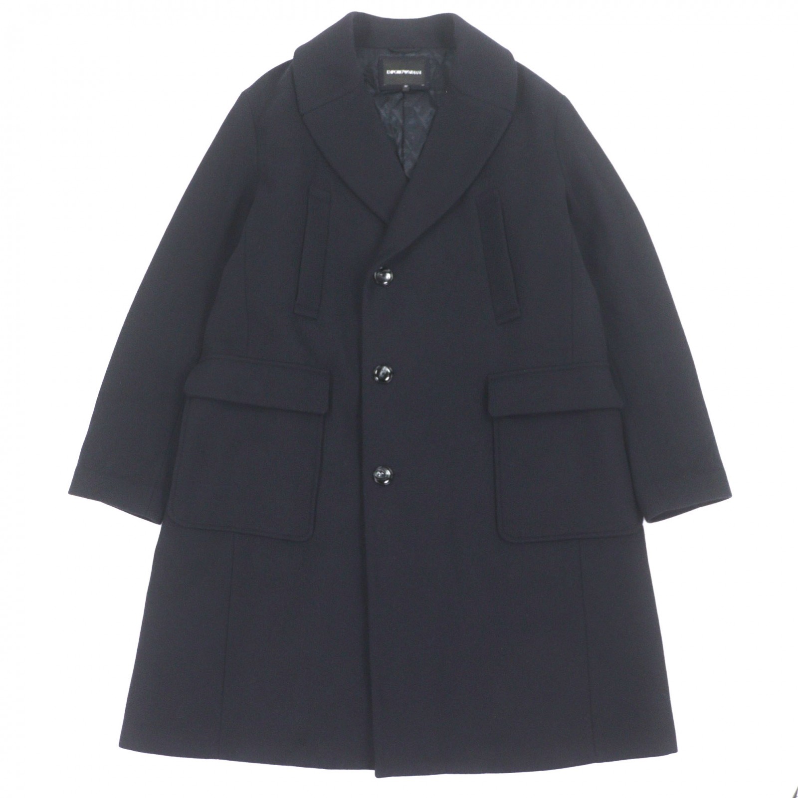 美品▼EMPORIO ARMANI エンポリオ アルマーニ ウール80% 黒タグ ロゴ入りボタン 中綿入り ロング シングル チェスターコート ネイビー 52 正規品 メンズ【中古】