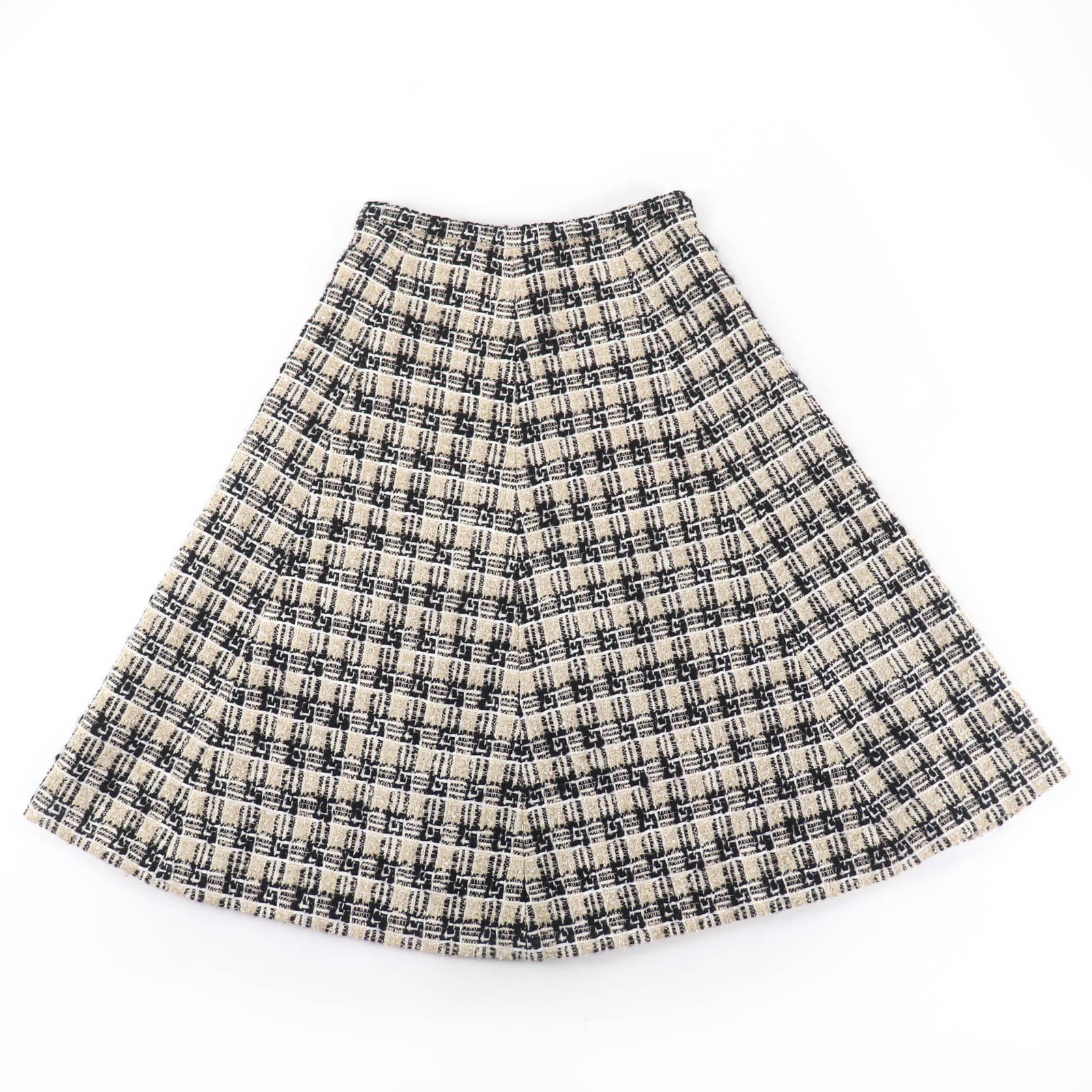 極美品☆GUCCI グッチ 652126 コットン ウール Gロゴデザイン ツイードフレアスカート フレアスカート ゴールド ブラック 42 イタリア製 正規品 レディース【中古】