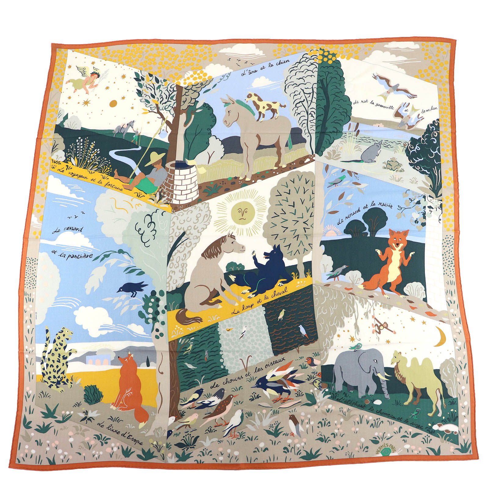 極美品△HERMES エルメス 25SS Le Livre d’Esope イソップ物語 カシミヤ シルク オレンジ/ヴェール/ブルー・シエル カレ140 カレジェアン スカーフ 箱付き フランス製 レディース【中古】