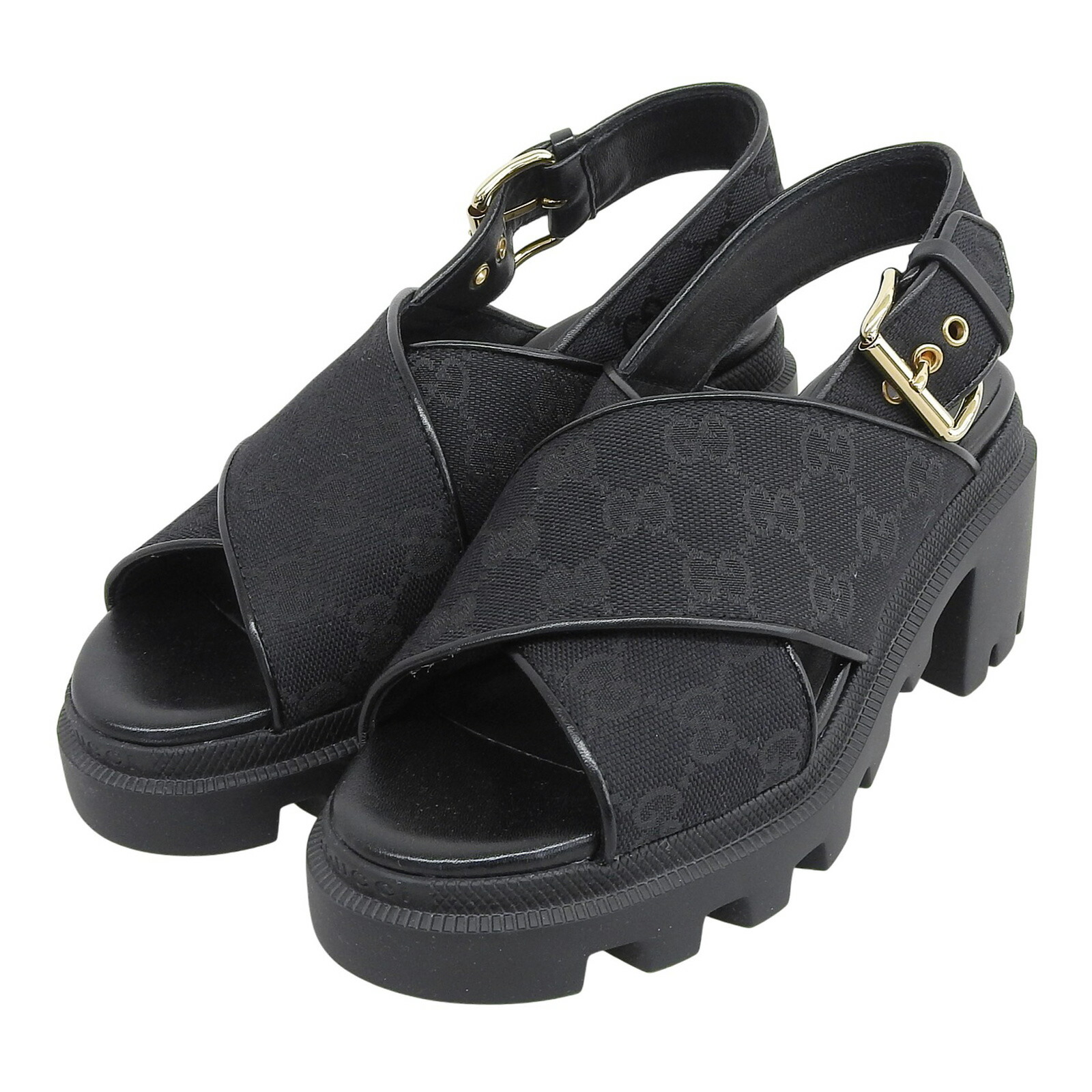 未使用品▲GUCCI グッチ 749795 GGキャンバス クロスベルト プラットフォーム ラグソール サンダル ブラック 35 箱付き イタリア製 レディース【中古】