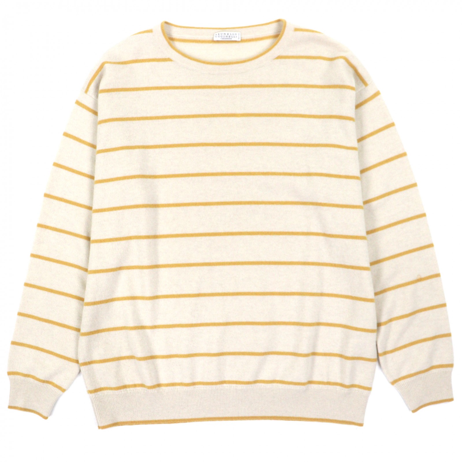 美品▼Brunello Cucinelli ブルネロクチネリ バージンウール カシミヤ シルク ボーダー柄 クルーネック プルオーバー ニットセーター ベージュ マスタード M イタリア製 メンズ【中古】