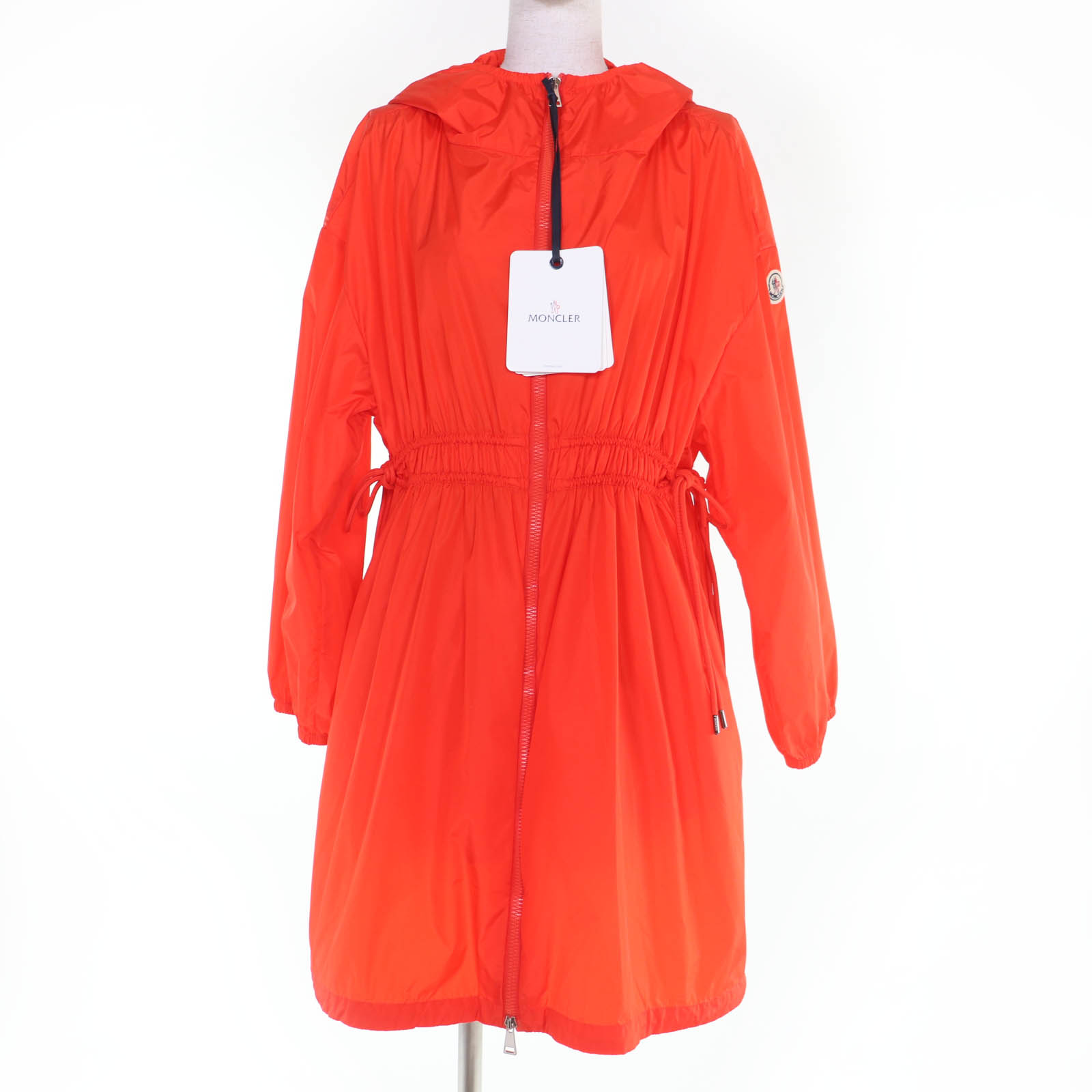 未使用品☆MONCLER モンクレール LICHEN ロゴワッペン・フード付 膝丈 ナイロンジャケット オレンジ 1 正規品 レディース【中古】