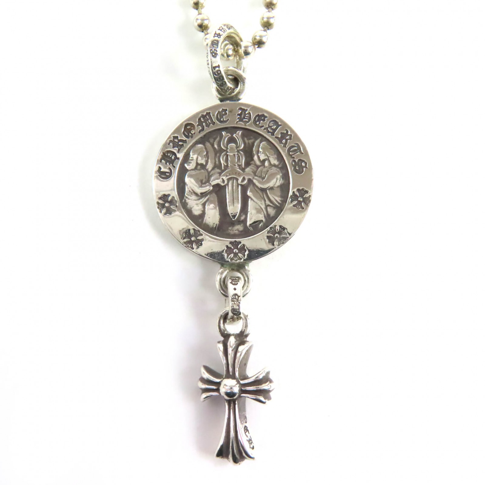 極美品△CHROME HEARTS クロムハーツ 925 エンジェルメダル ベイビーファット ボールチェーン ネックレス 24インチ シルバー 総重量16.0g メンズ【中古】