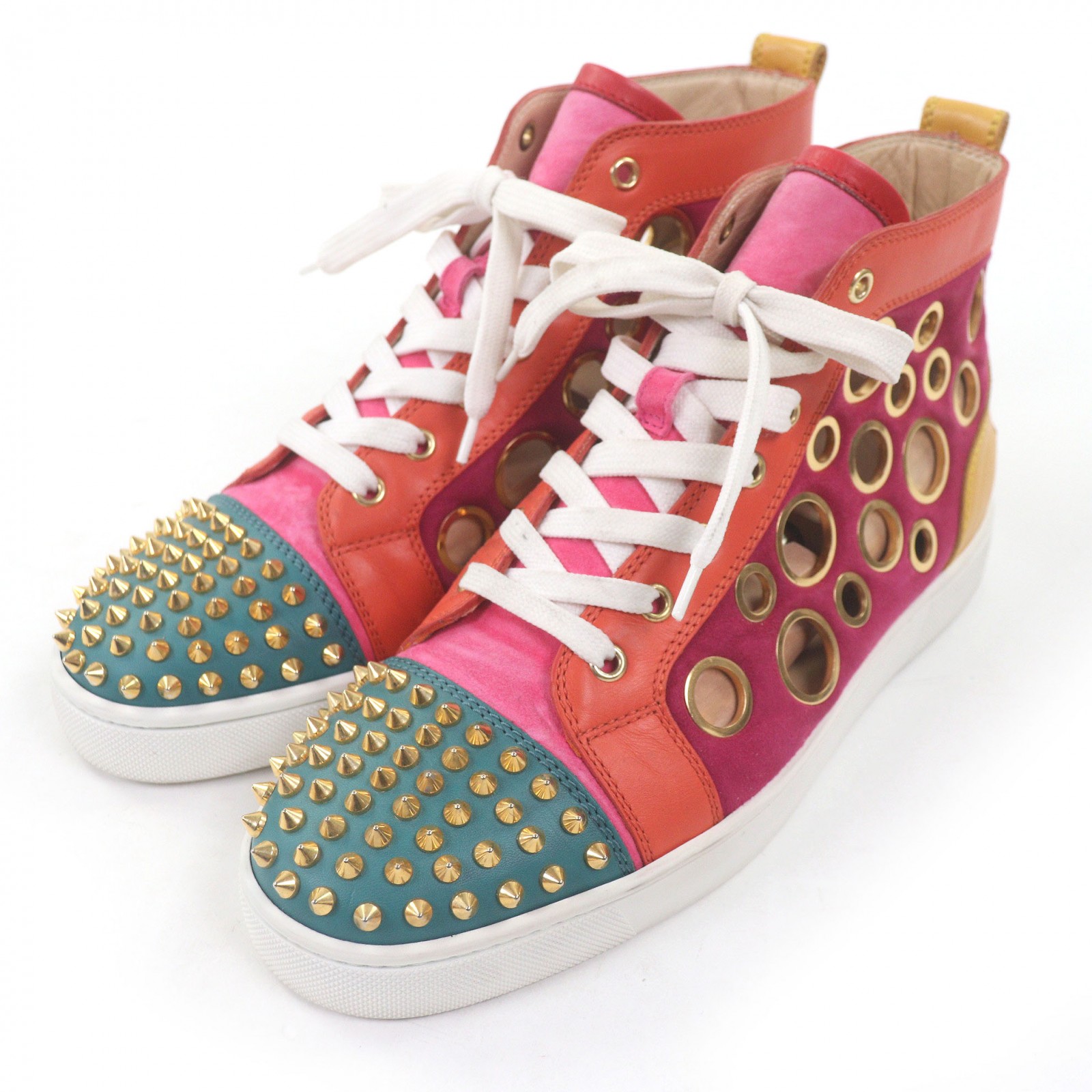【ドンドン思いなおす】美品□Christian Louboutin クリスチャンルブタン なめし革 スウェードレザー スパイクスタッズ ハイカットスニーカー マルチ色合い 41 EU製 メンズ【中古】