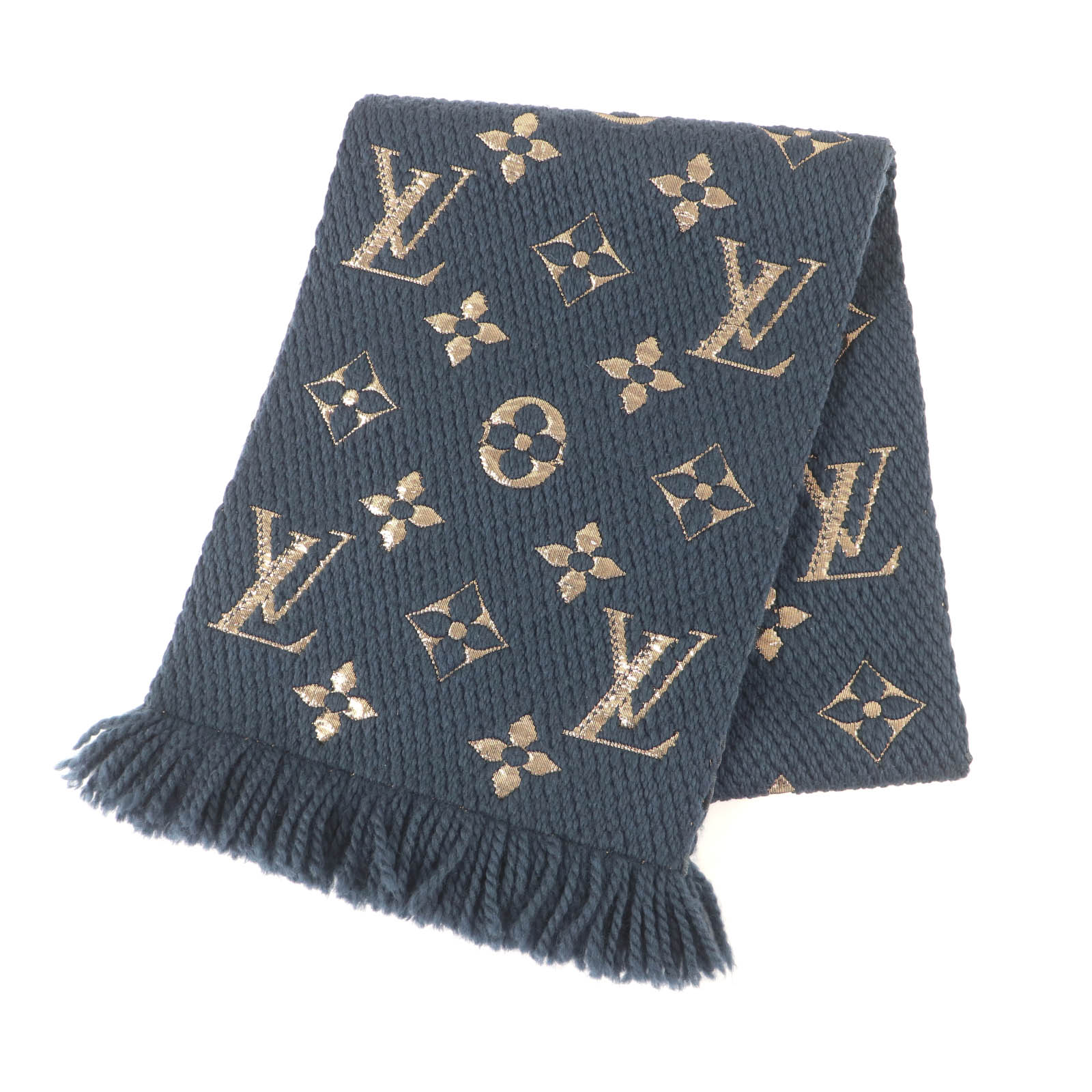極美品★LOUIS VUITTON ルイヴィトン M70815 エシャルプロゴマニアシャイン 羊毛 地絹混 ブルーペトロール モノグラム フリンジ えり巻き 箱付き添い人 イタリア製 レディース【中古】
