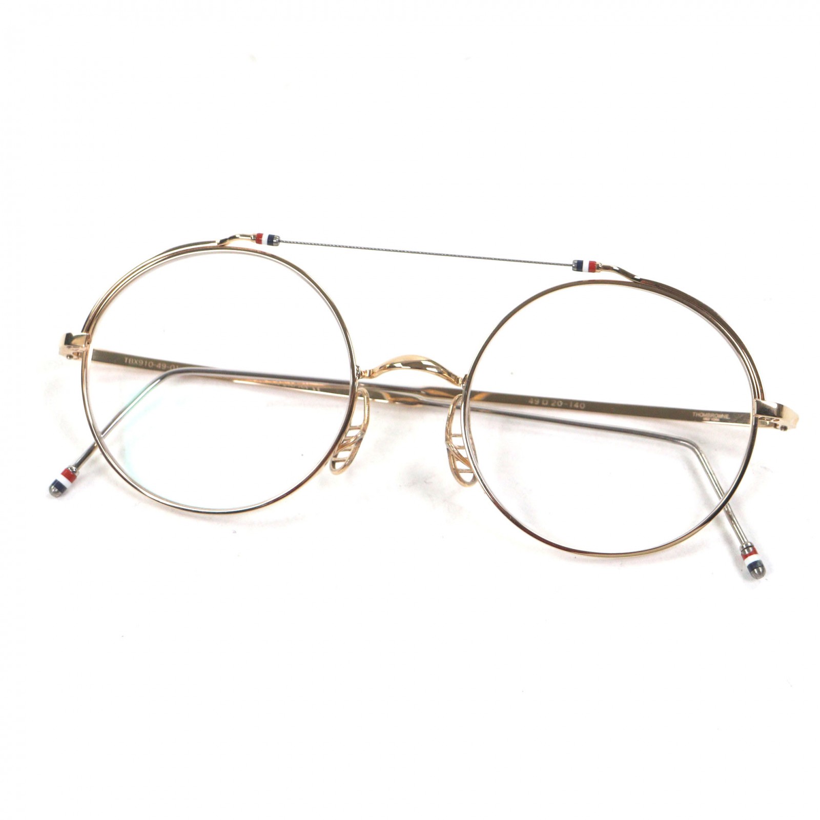 美品▼THOM BROWNE トムブラウン TBX910-49-01 ツーブリッジ メガネ 眼鏡 アイウェア ゴールド シルバー 49□20-140 箱・ケース付き 日本製 メンズ【中古】