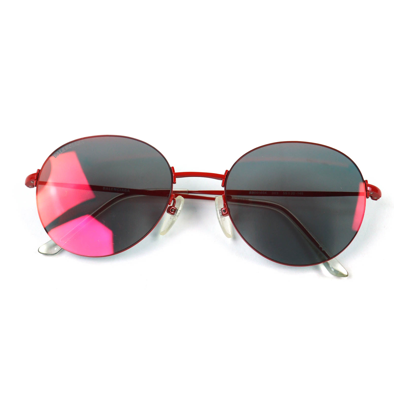 美品△BALENCIAGA バレンシアガ BB0016SK ロゴ ラウンド ミラーレンズ サングラス アイウェア レッド 55□20-145 ケース付き イタリア製 メンズ【中古】