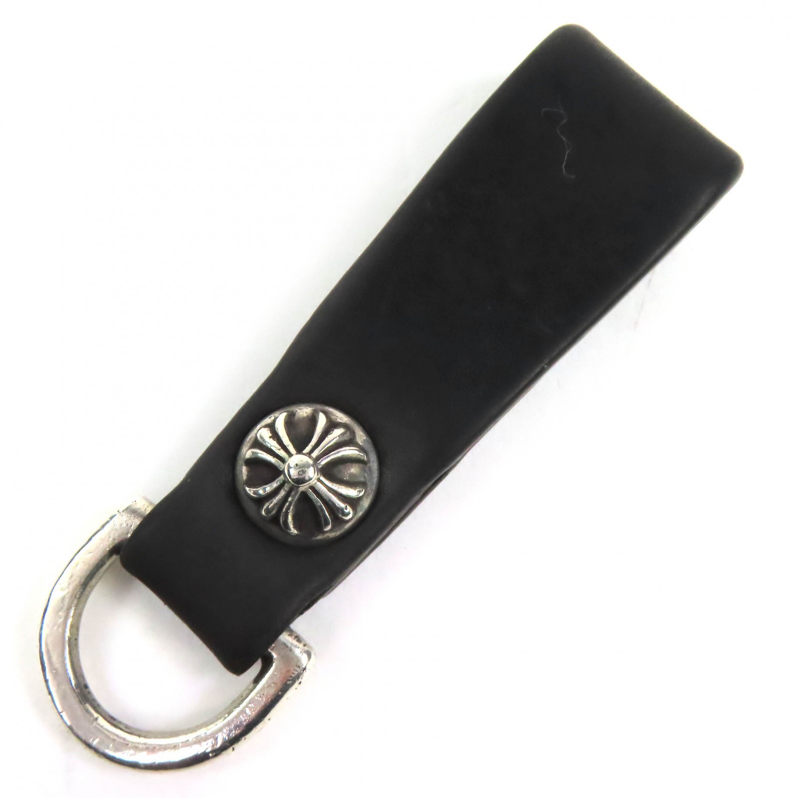 美品△CHROME HEARTS クロムハーツ レザー 925 クロスボール Dカン ベルトループ キーホルダー インヴォイス・ノベルティマッチ付 ブラック 重量21.7g メンズ【中古】