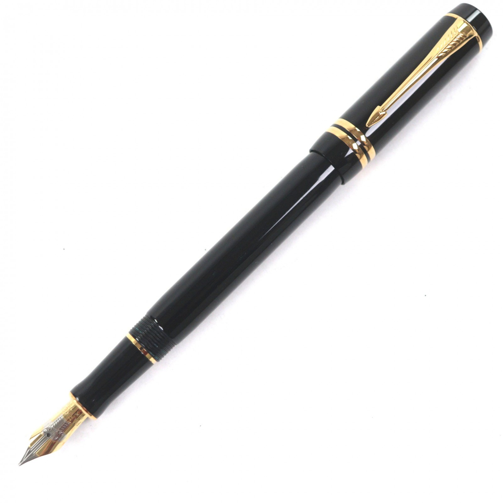 良品▼PARKER パーカー ヴィンテージ デュオフォールド ブラックGT センテニアル 旧型 18K Fニブ 万年筆 ブラック ゴールド 箱・ケース付き 英国製 メンズ【中古】