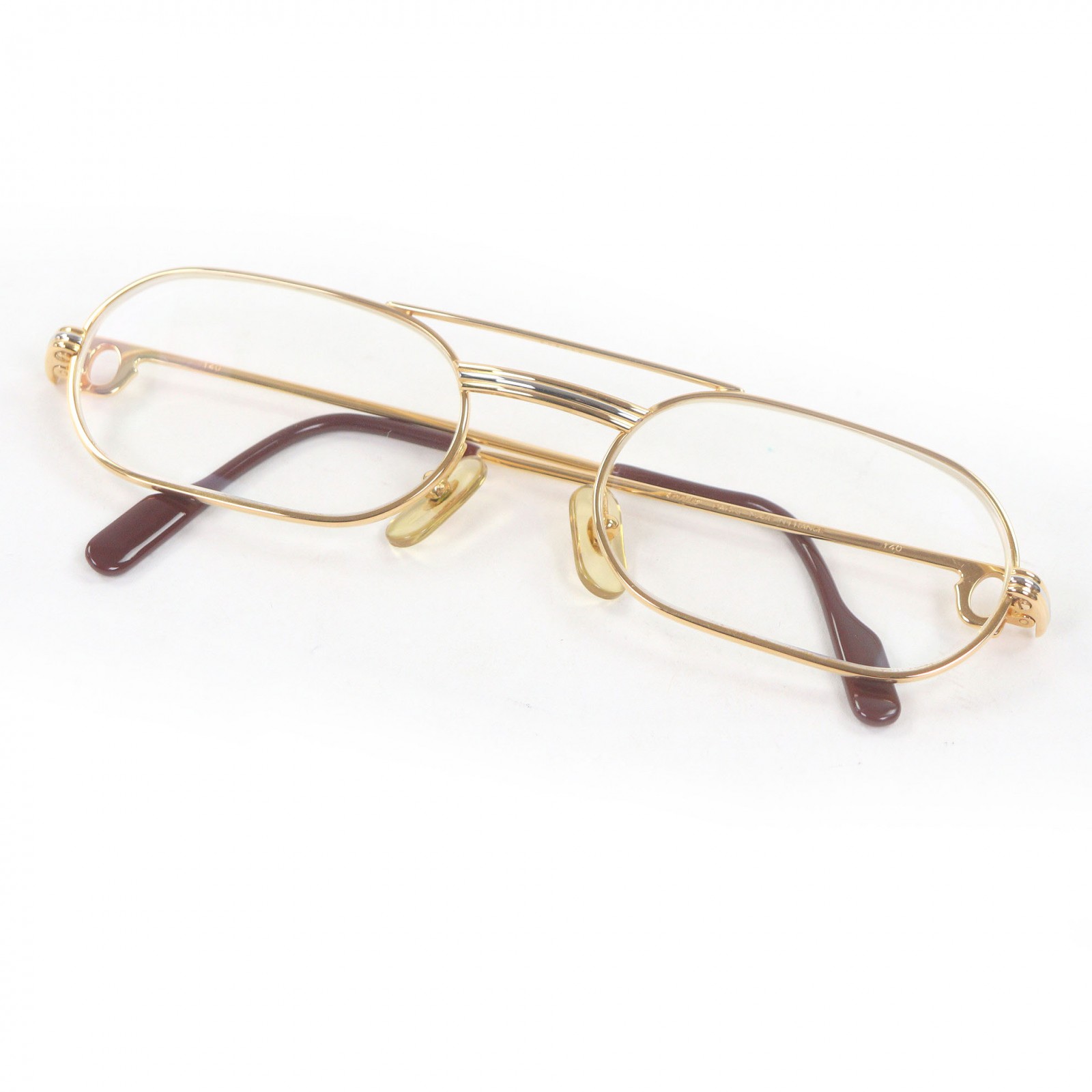 美品□Cartier カルティエ ヴィンテージ ツーブリッジ トリニティ オーバル 眼鏡 メガネ アイウェア ゴールド ボルドーワイン 55□20 度入り口・入口 入れもの付き添い人 フランス共和国製 メンズ【中古】