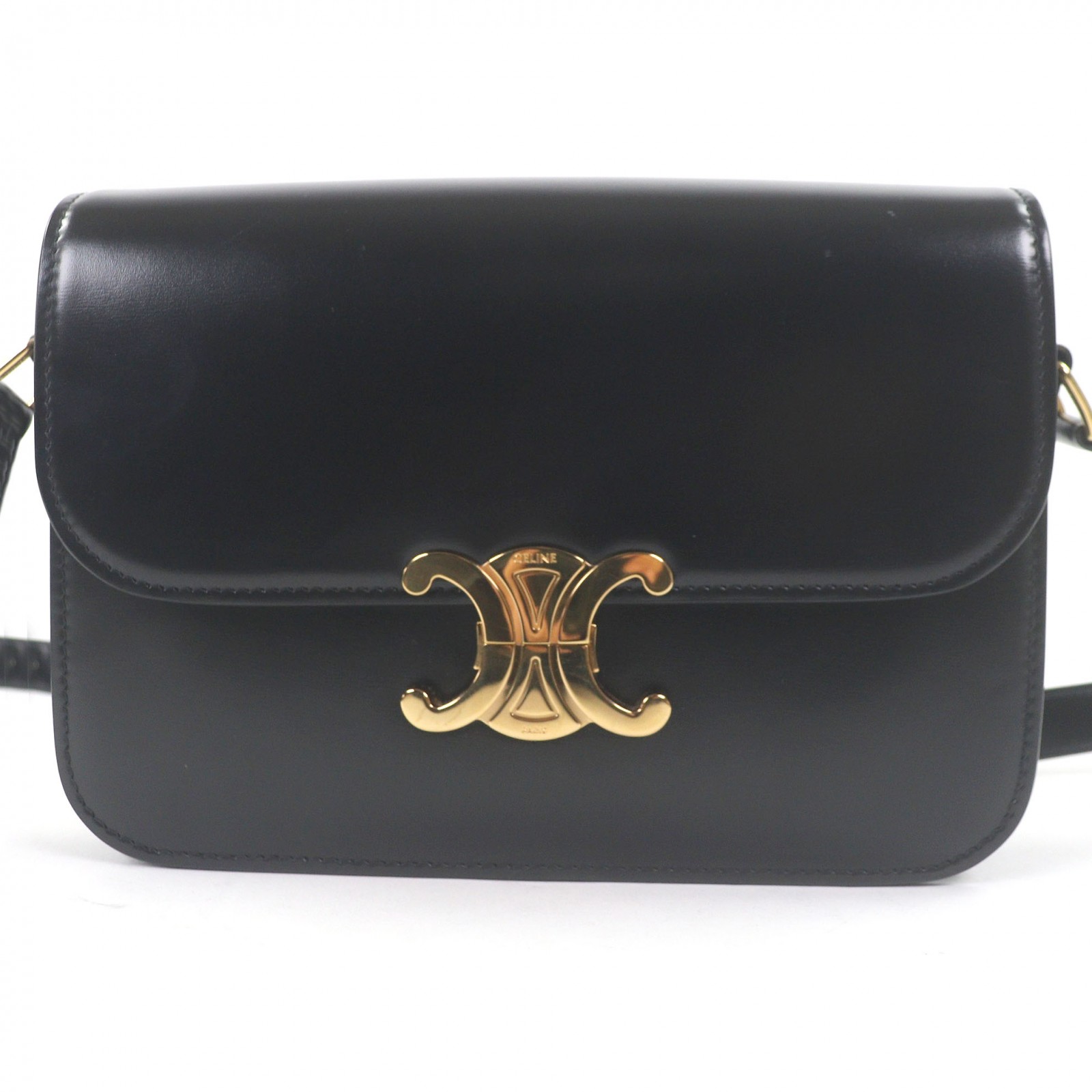 美品□CELINE セリーヌ ティーン シャイニーカーフスキン レザー トリオンフ金具 ショルダーバッグ ブラック ゴールド 保存袋付き レディース【中古】