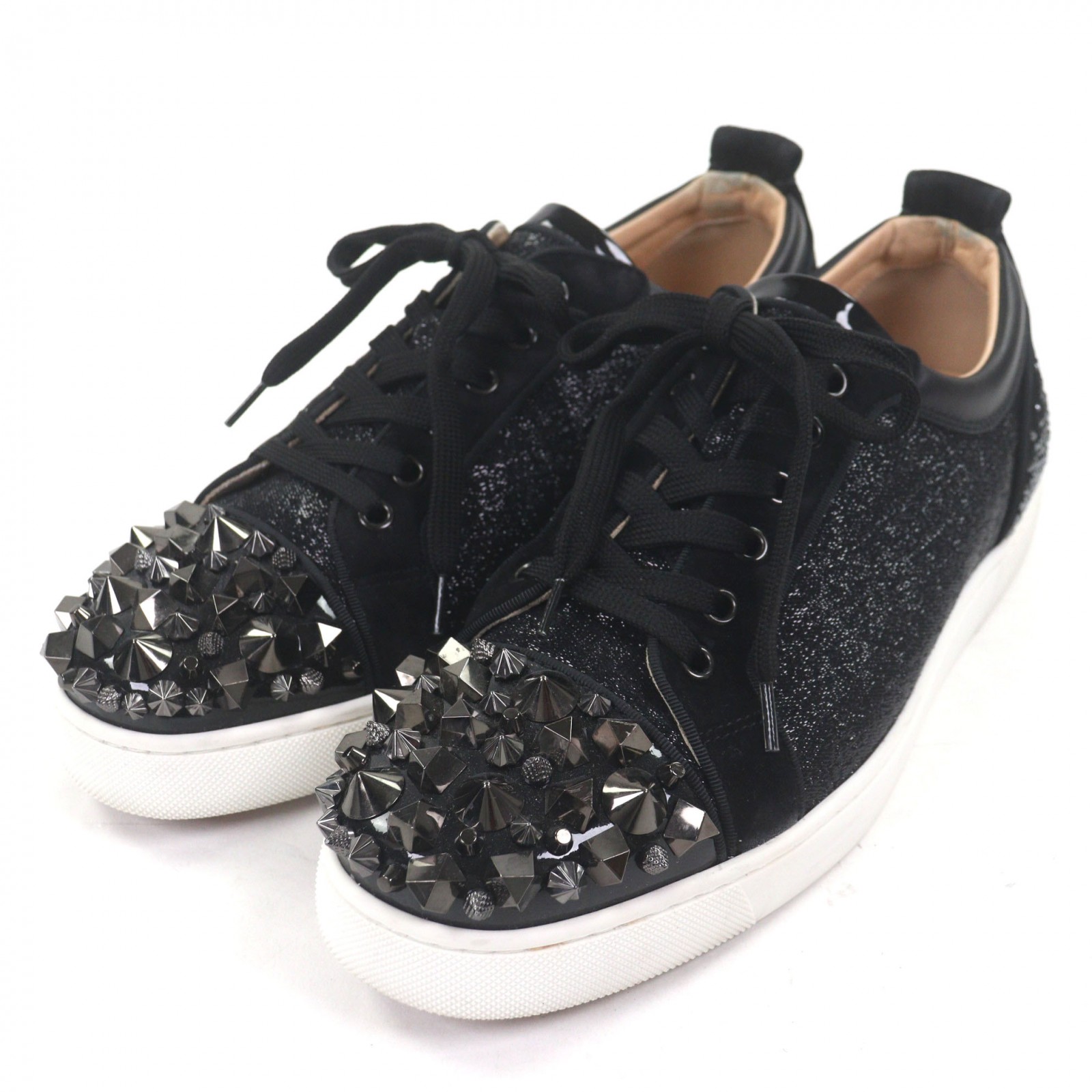 美品▼Christian Louboutin クリスチャンルブタン Louis Junior ルイスジュニア キャンバス レザー スウェードレザー ストラス スパイク スタッズ クリスタル ローカットスニーカー ブラック 42 保存袋付き イタリア製 メンズ【中古】
