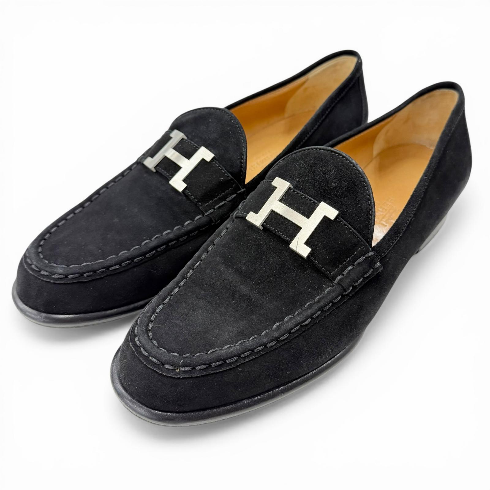 極美品◇HERMES エルメス ヴィンテージ コンスタンス シルバー金具 H金具 スウェードレザー ローファー ブラック 40 イタリア製 レディース【中古】